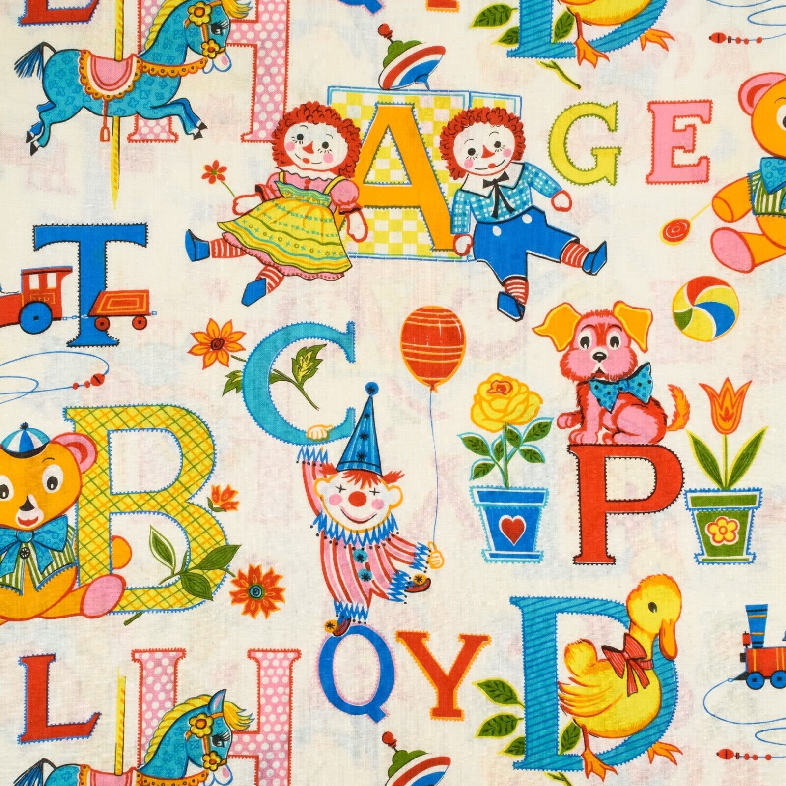 Vtg. Raggedy Ann & Andy Alphabet Print Heavy Plain Weave Linen Fabric | 1.4 yds