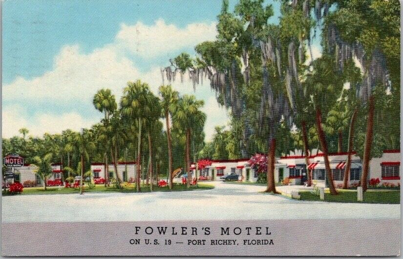 Port Richey, Florida Postcard FOWLERS MOTEL Highway 19 Roadside / Curteich 1959
