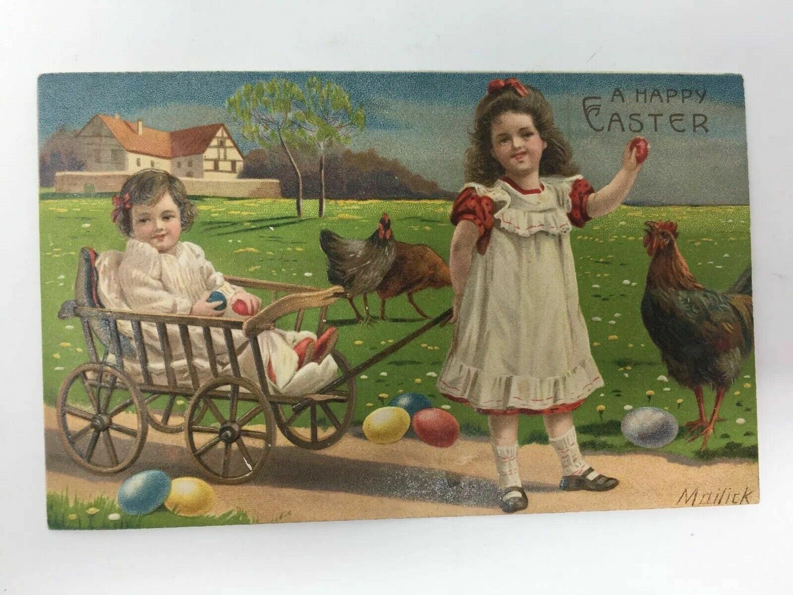 Mailick Happy Easter Postcard Girls Pulling Cart Children Roosters c. 1912