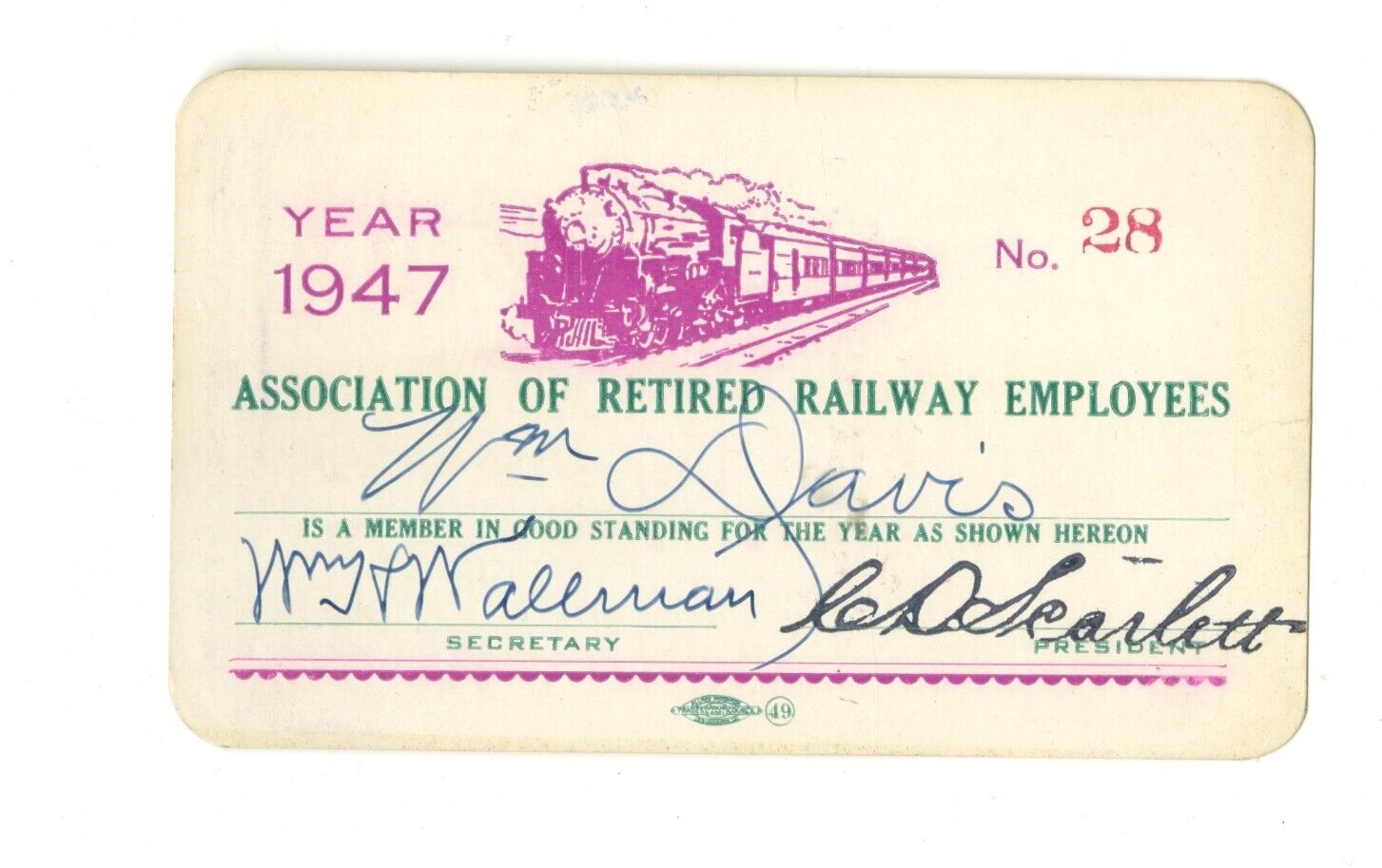 Association of Retired Railway Employees 1947 membership card