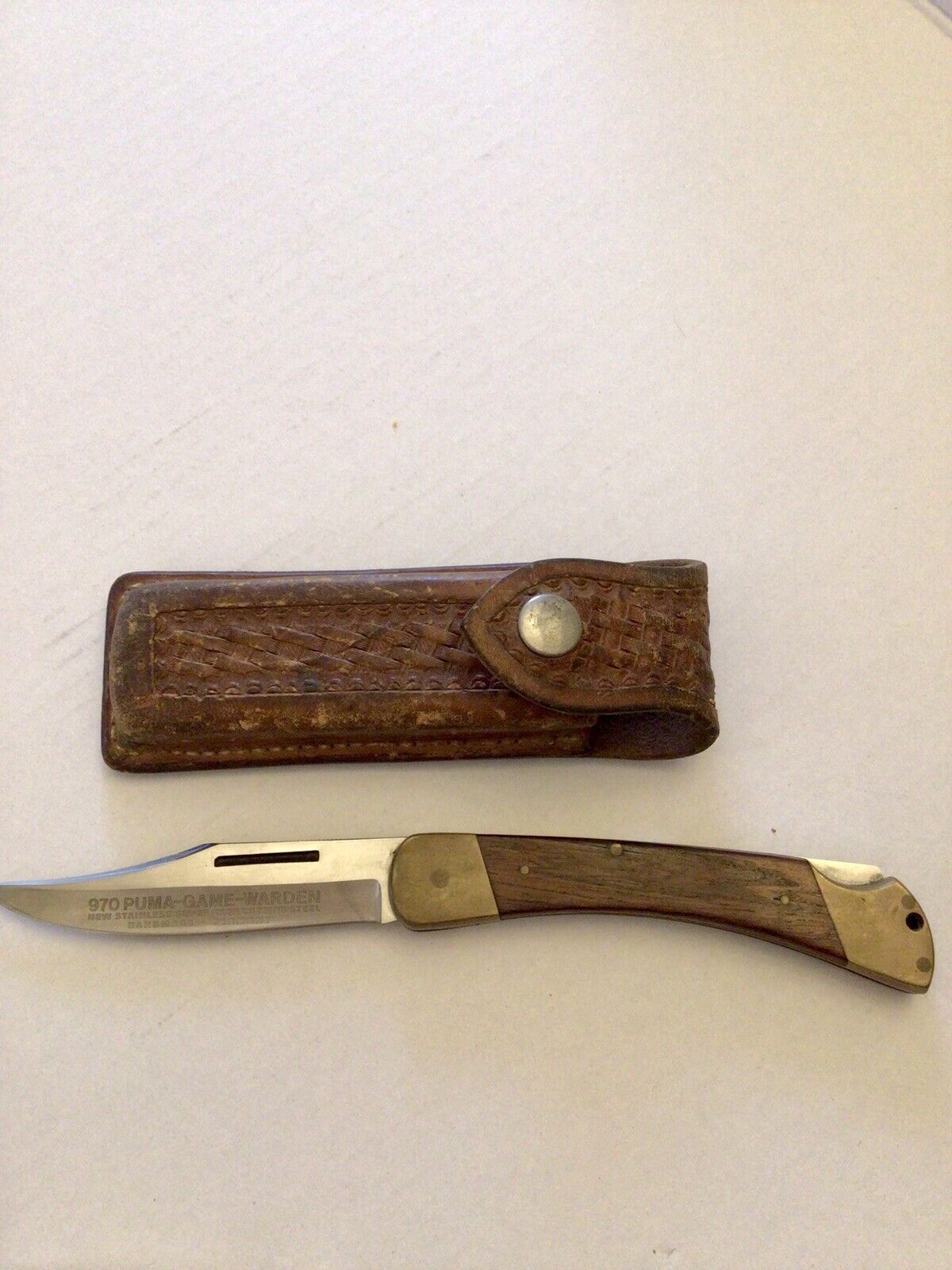 970 Puma Game Warden Handmade Folding Knife and Leather Sheath Vintage German