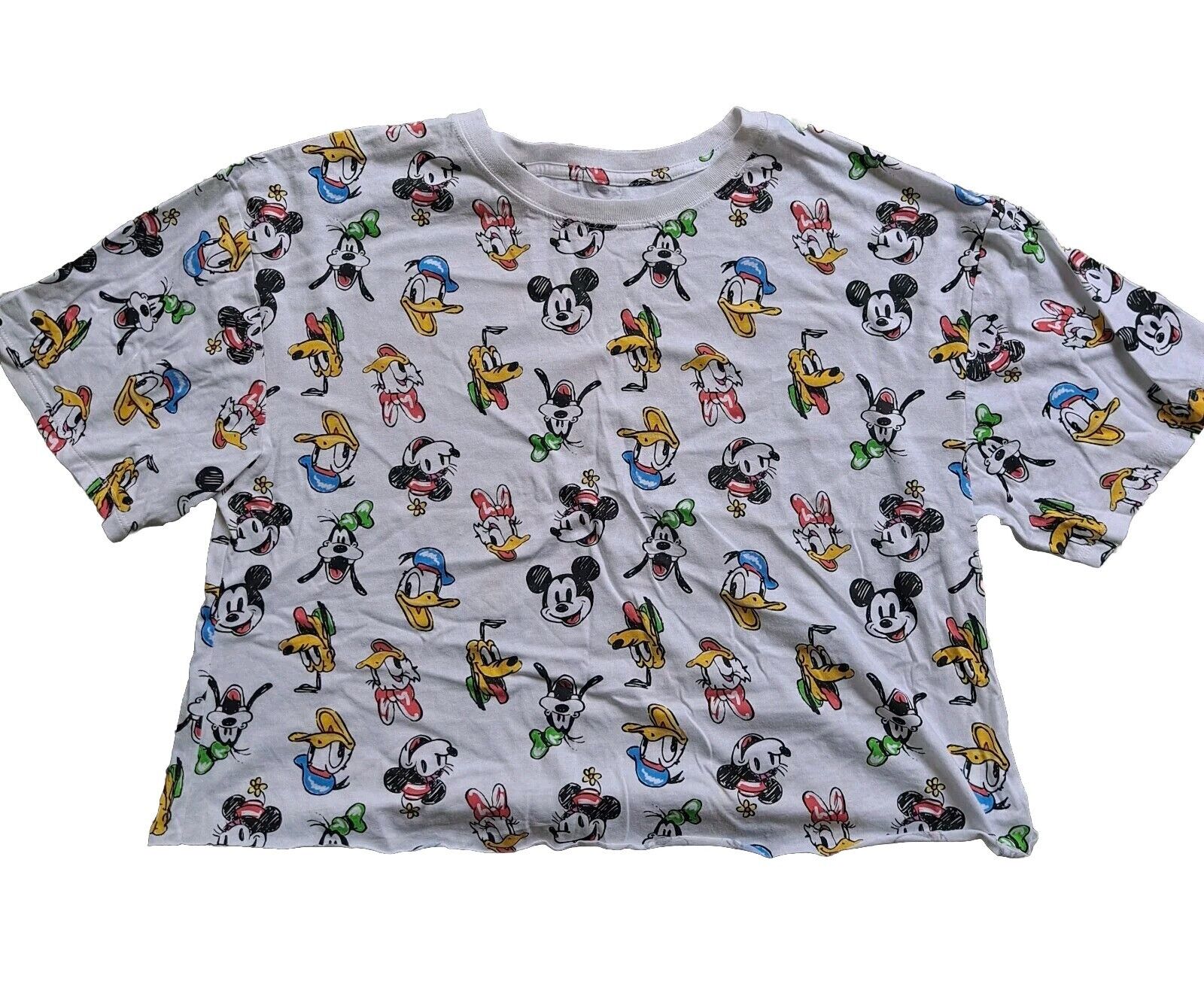 Disney Shirt Womens Large White Crop Top Mickey & Friends All Over Print Tee NEW