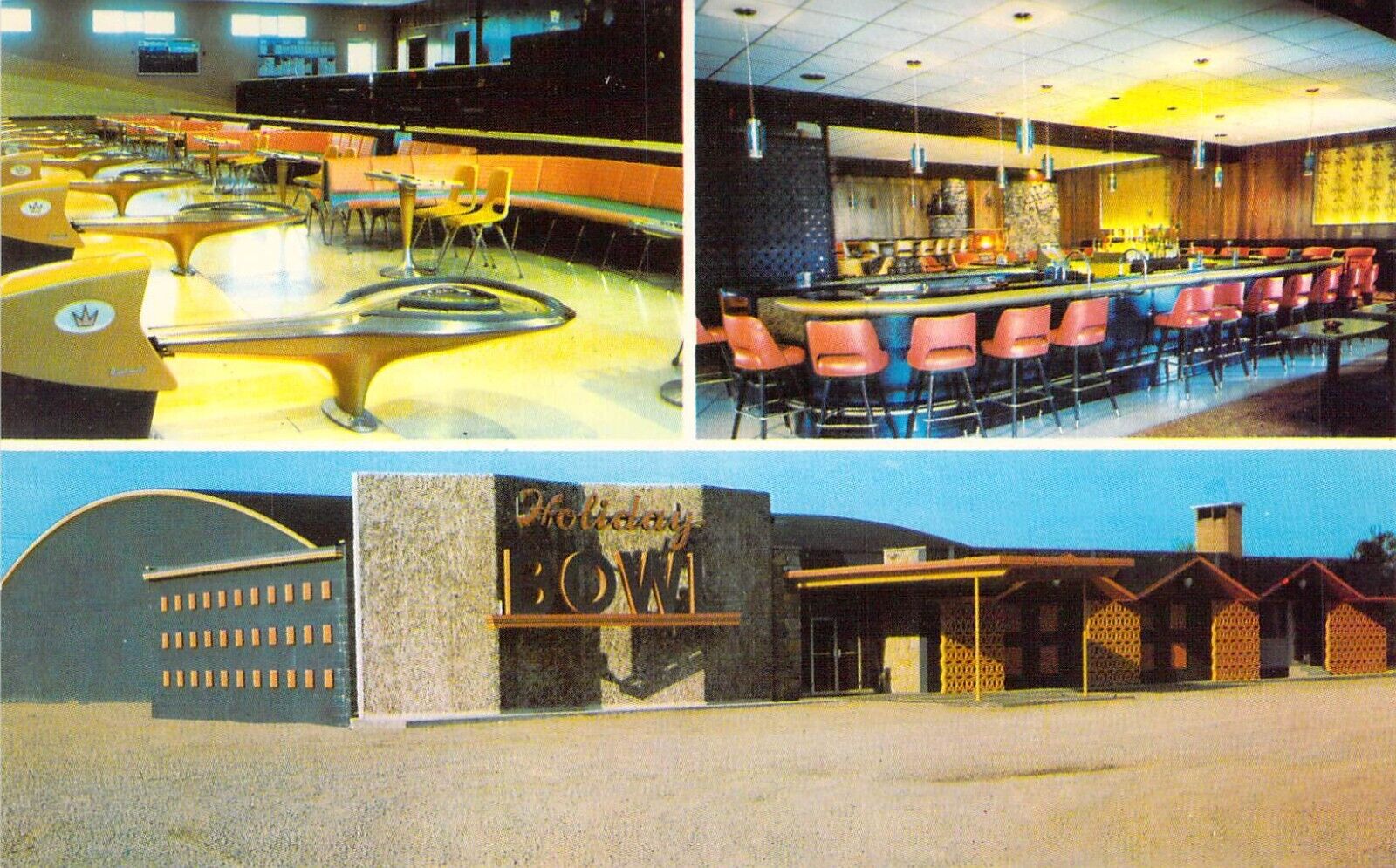 1965 MI Escanaba THE Holiday Bowl Bowling Alley Interior & Ext Mint postcard A79
