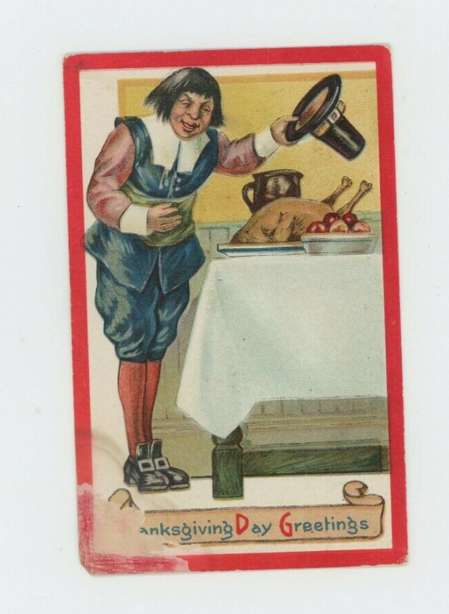 Vintage Thanksgiving Postcard  PILGRIM MAN DINNER TABLE TOP HAT