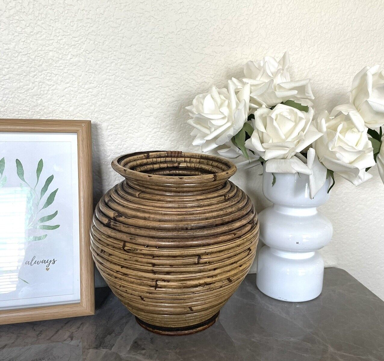Vintage Mid Century Pencil Reed Bamboo Basket Vase