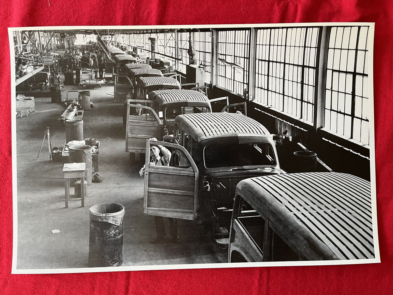 Big Vintage Car Picture.  1940’s Ford Woody Wagons On Assembly Line.  12x18, B/W