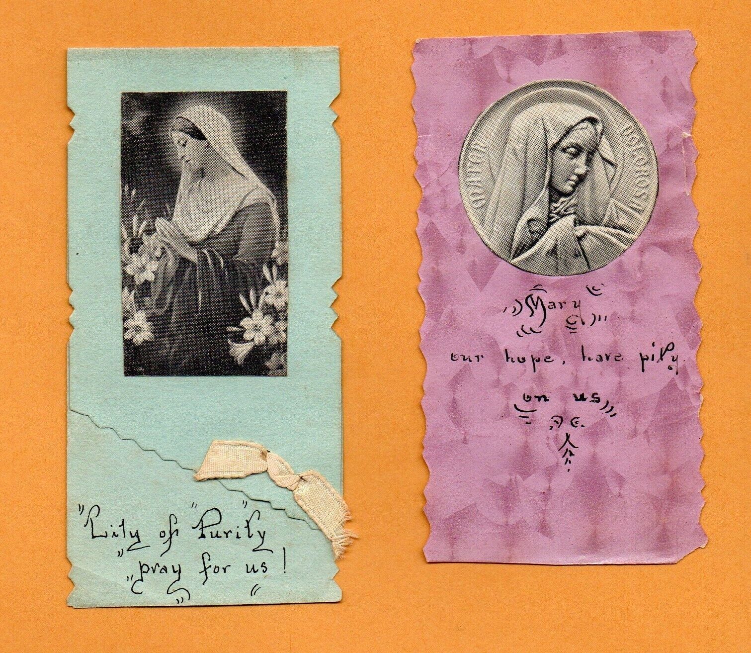 2 ANTIQUE 1920 CONVENT MADE HOLY CARDS, MARY PRAY FOR US, HAVE PITY ON US