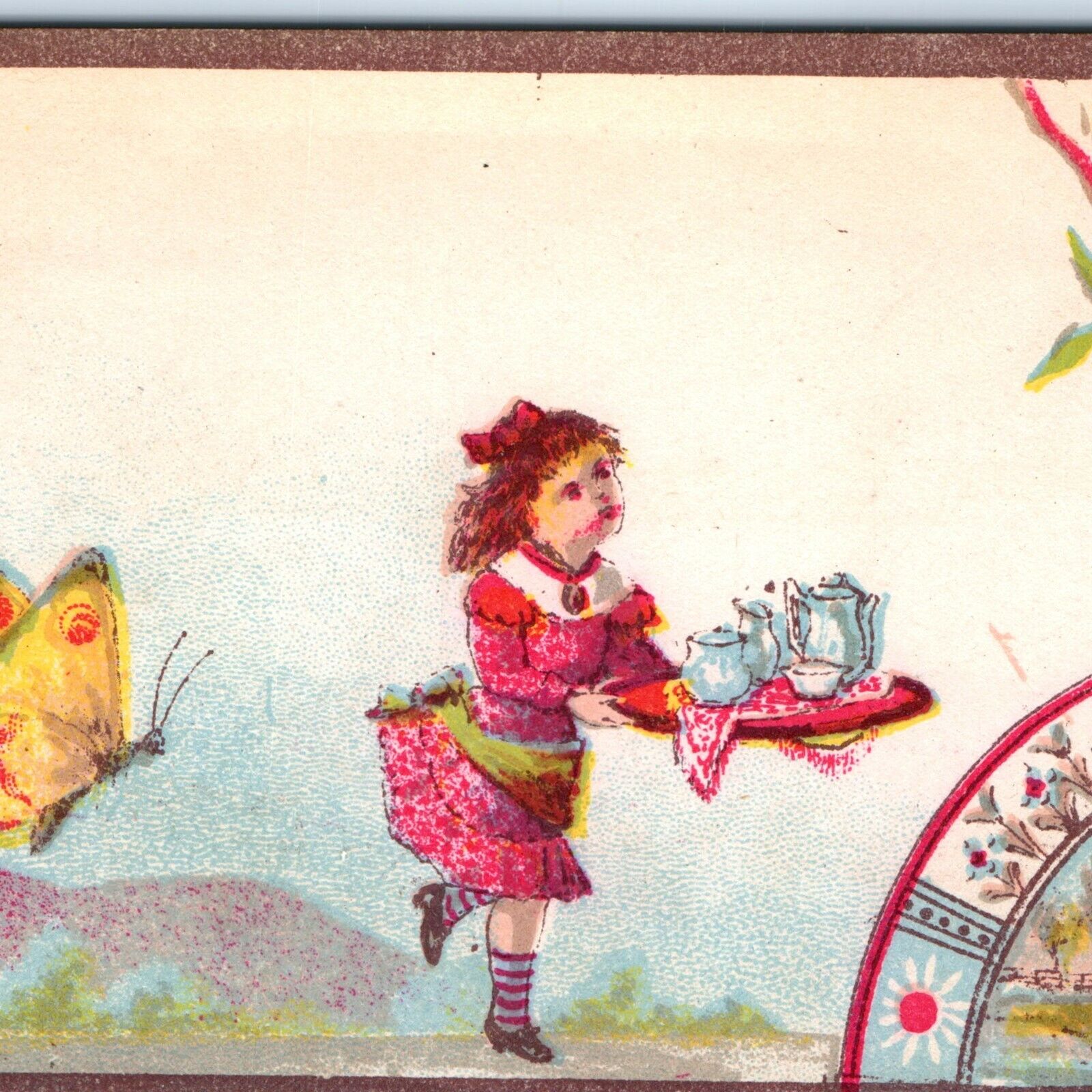 c1880s Lovely Little Girl Home Tea Artistic Trade Card Exaggerated Butterfly C30