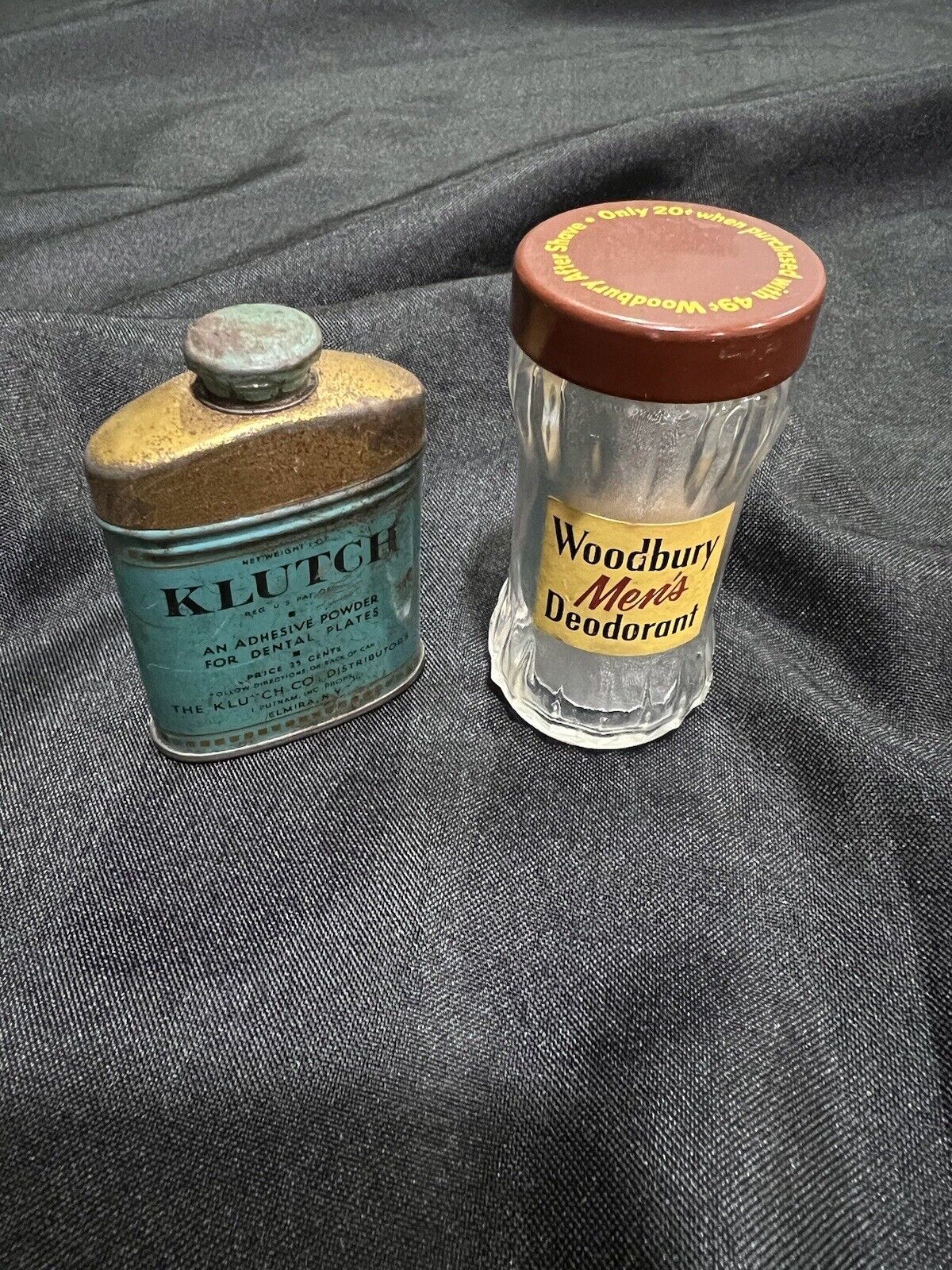 Vintage Toiletries - Klutch Adhesive Powder Tin& Woodbury Men’s Deodorant Bottle