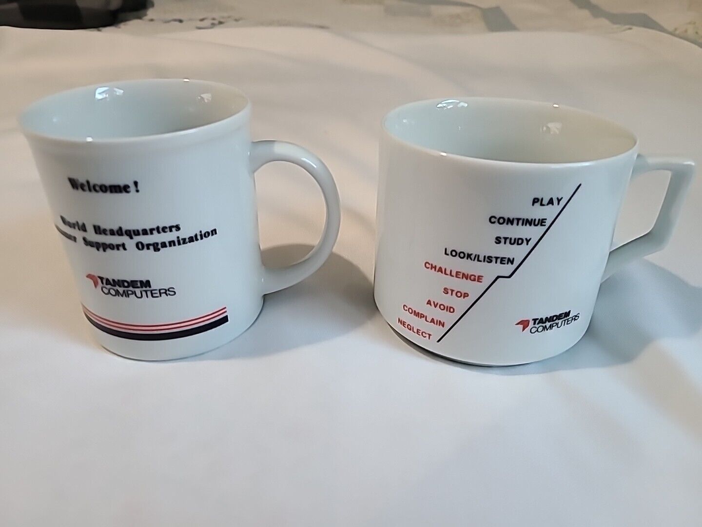 2 Vtg Tandem Computers  Mugs Ceramic World Headquarters Customer Support, Commit