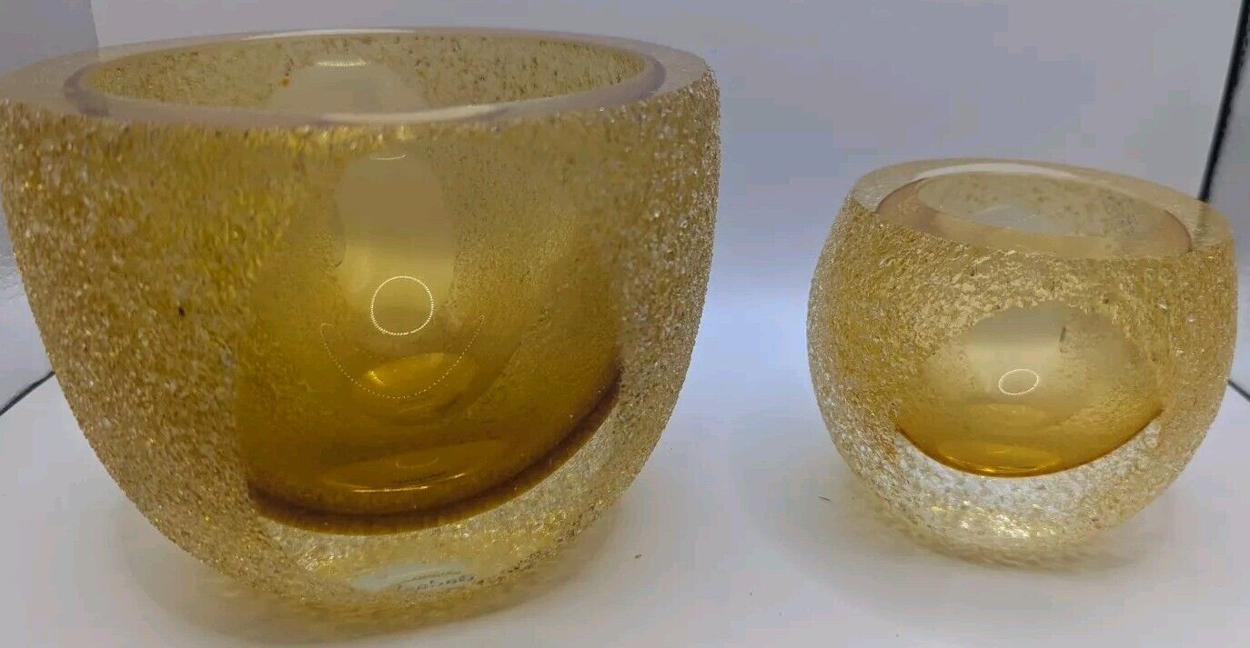 2- Fifth avenue glass amber frosted Tea Light votive candle holders MCM