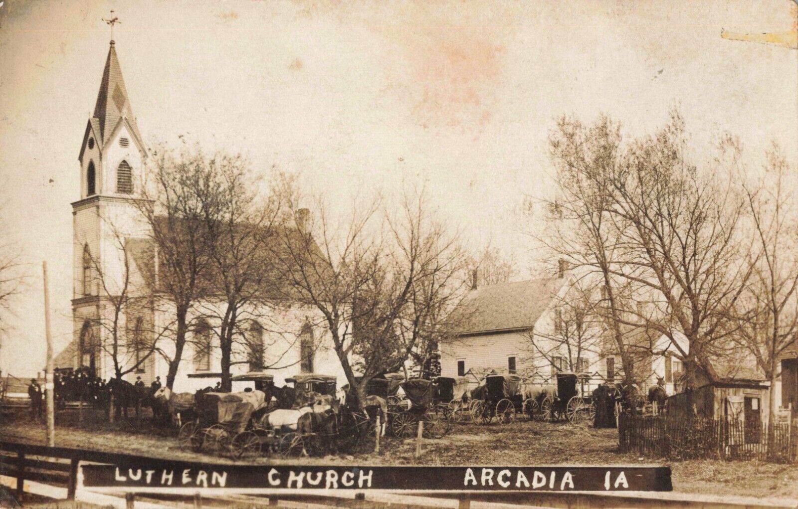 Lutheran Church Arcadia Iowa IA Horses c1910 Real Photo RPPC