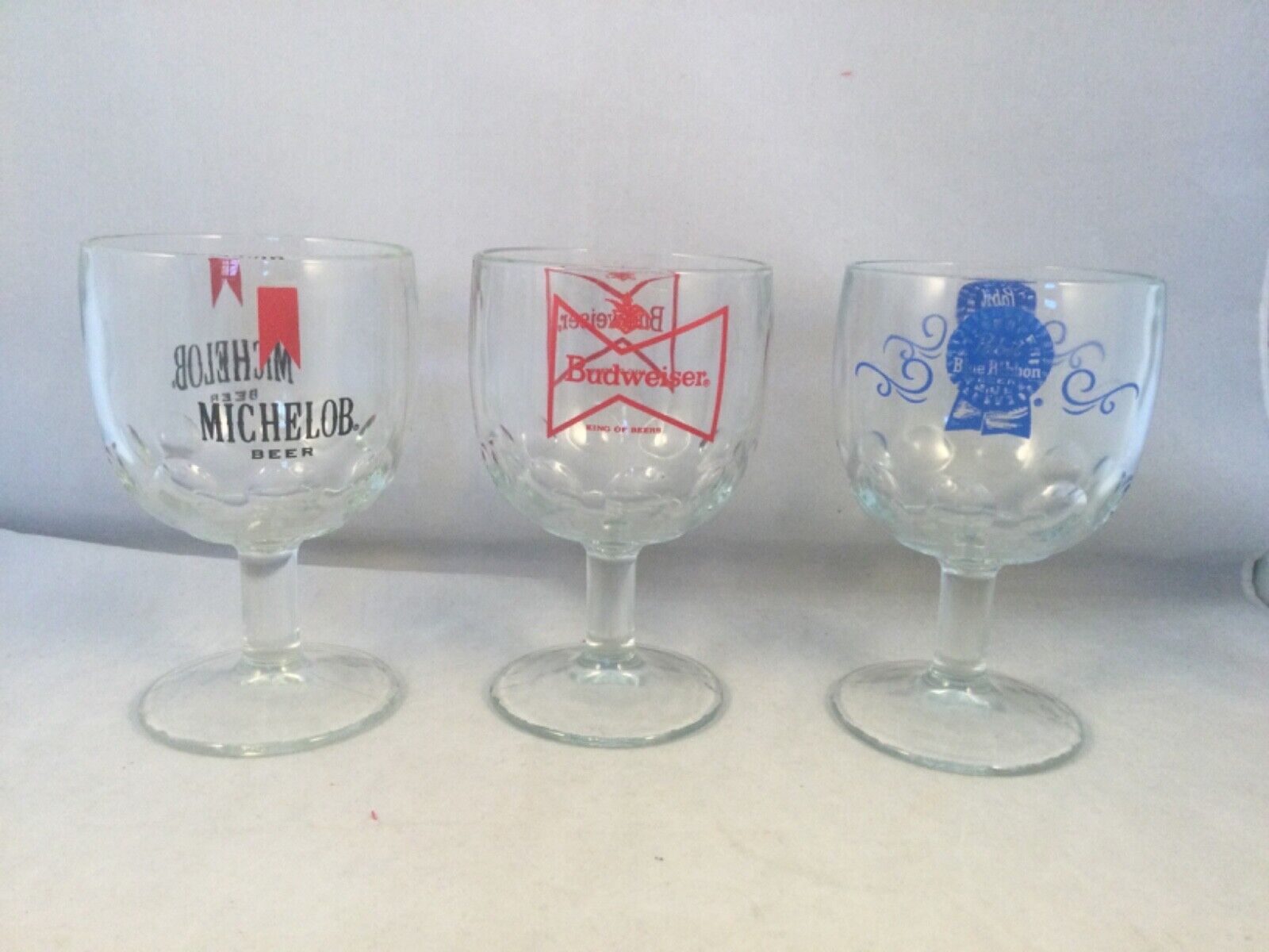 Set of 3 Vintage Michelob, Budweiser, PBR Stemmed Glass Goblet Cup, thumbprint