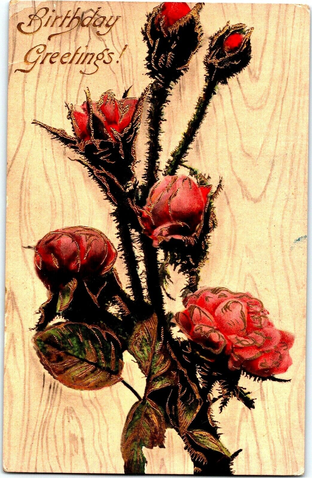 Vtg 1910s Birthday Greeting Antique Postcard Pink Roses Gold Colored Accents B10