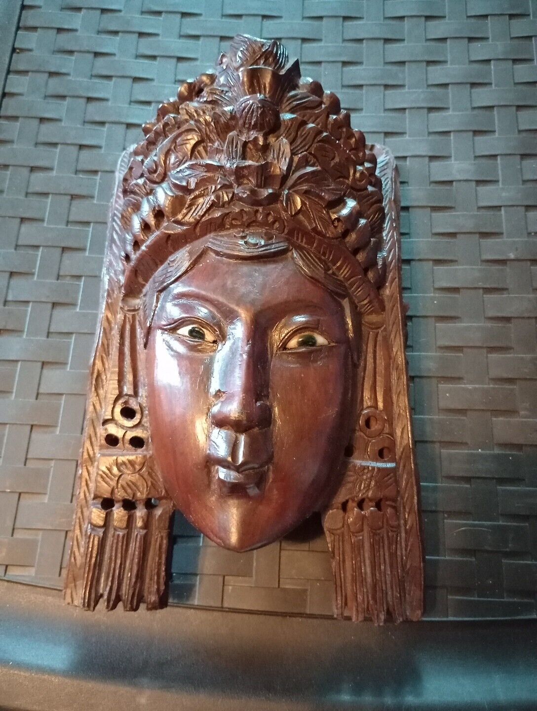 Balinese Female Hand Carved Solid Wood Face Mask Goddess Vintage Wall Art 8”x5”