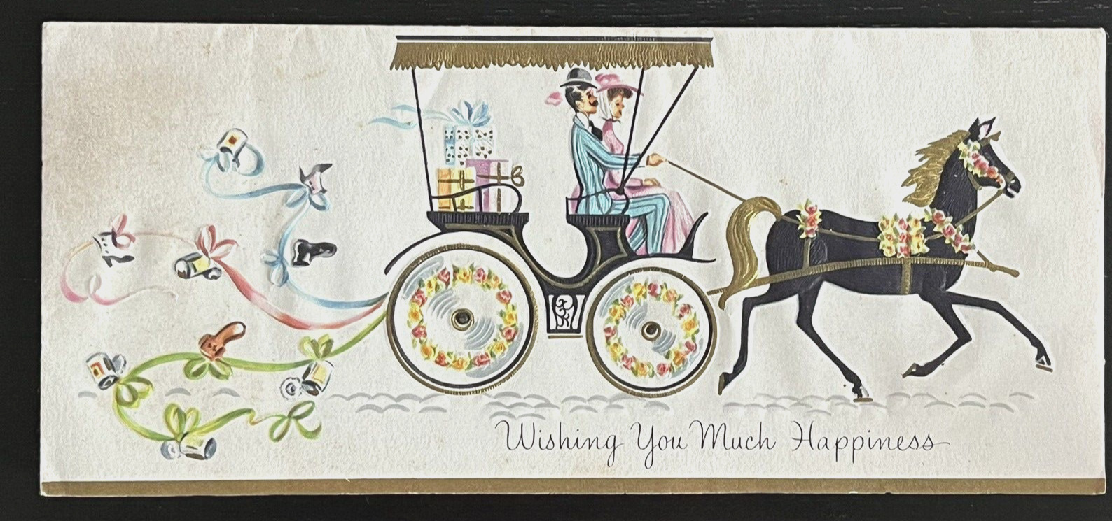 Vtg UNUSED Sunshine Wedding Congratulation Horse Carriage Embossed Greeting Card
