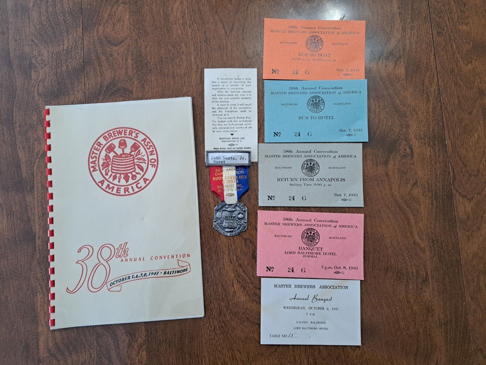38th Annual Master Brewers Association Of America Oct 1941 W/ Metal & Tickets