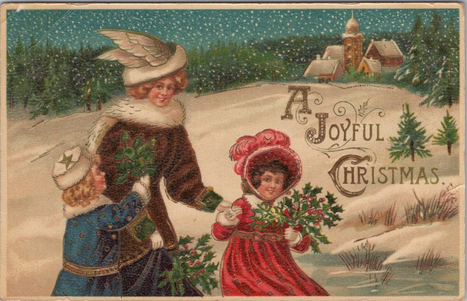 c1910 Mother & Children Mistletoe HATS~ Vintage Joyful Christmas Emb Postcard