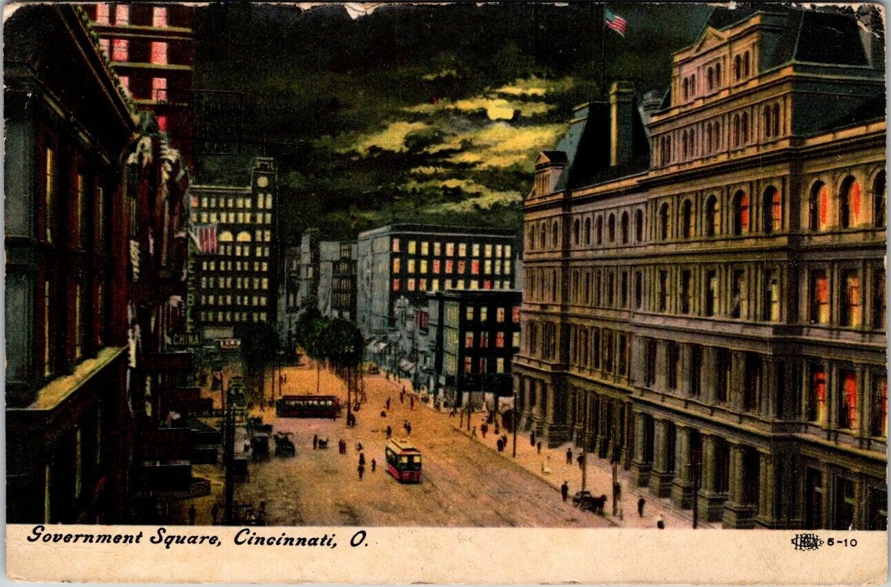 Post Card Night Scene Government Square Cincinnati Ohio Posted 1911