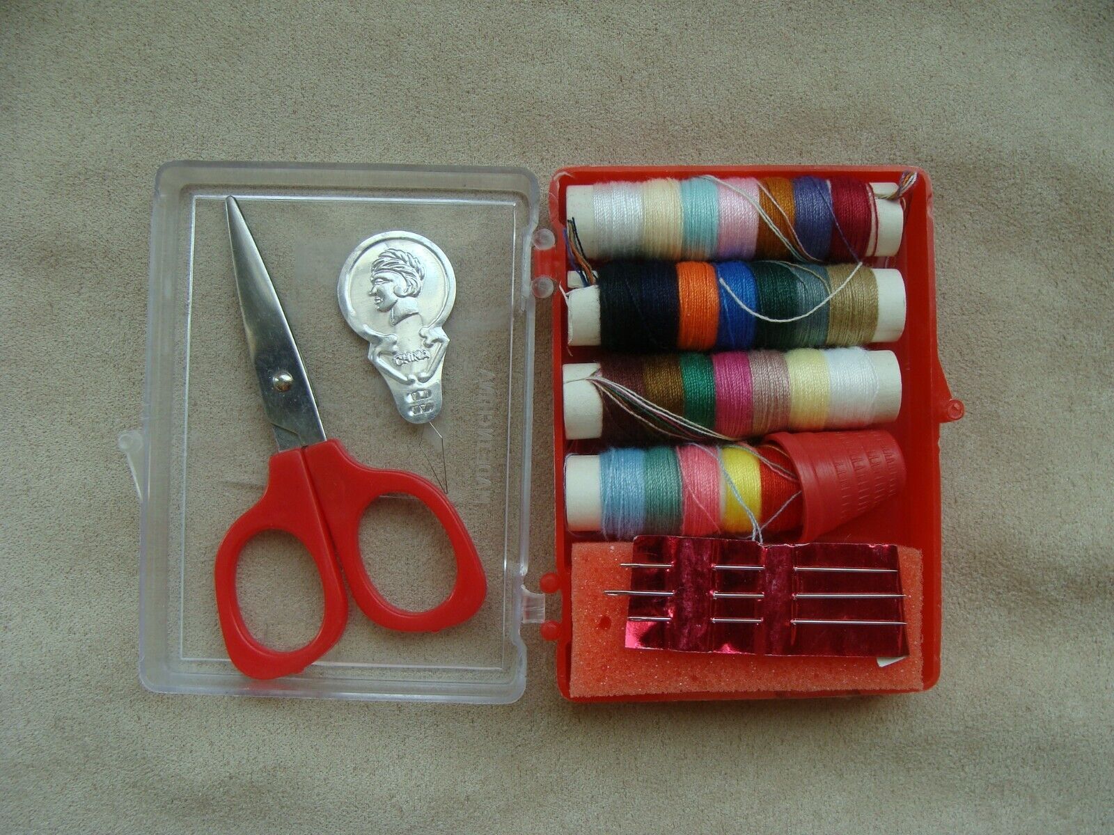 vintage travel sewing kit red plastic box