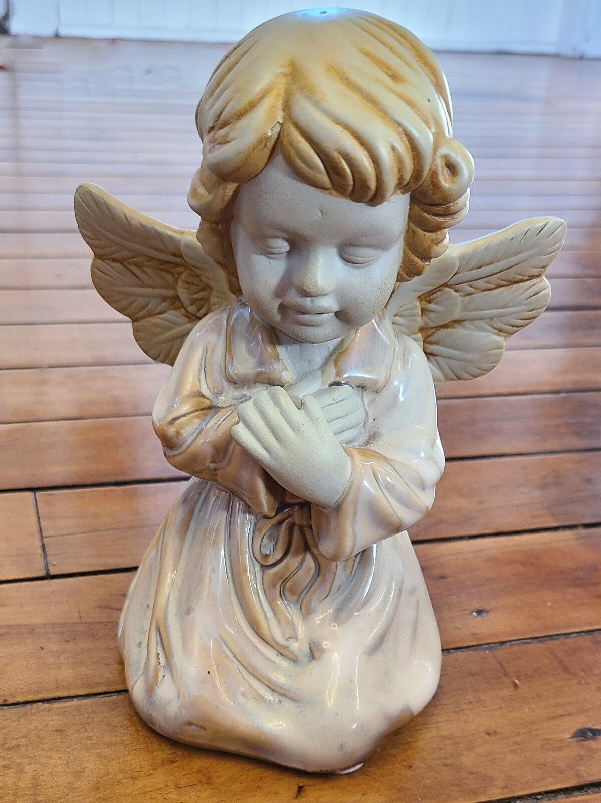 Vintage Pottery Kneeling Praying Cherub Angel 8 inches tall Muted Colors
