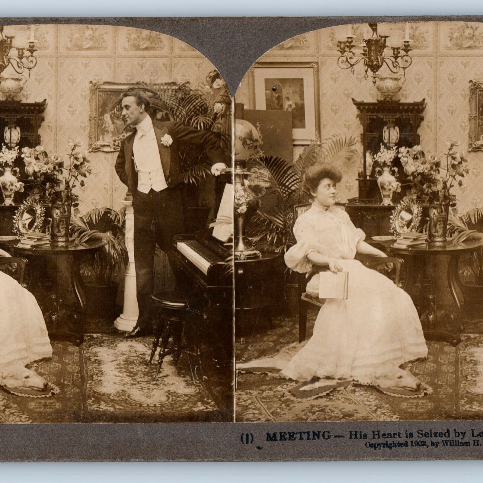 1903 Man Meeting Woman Pompadour Fancy House Interior Stereoview Real Photo V32