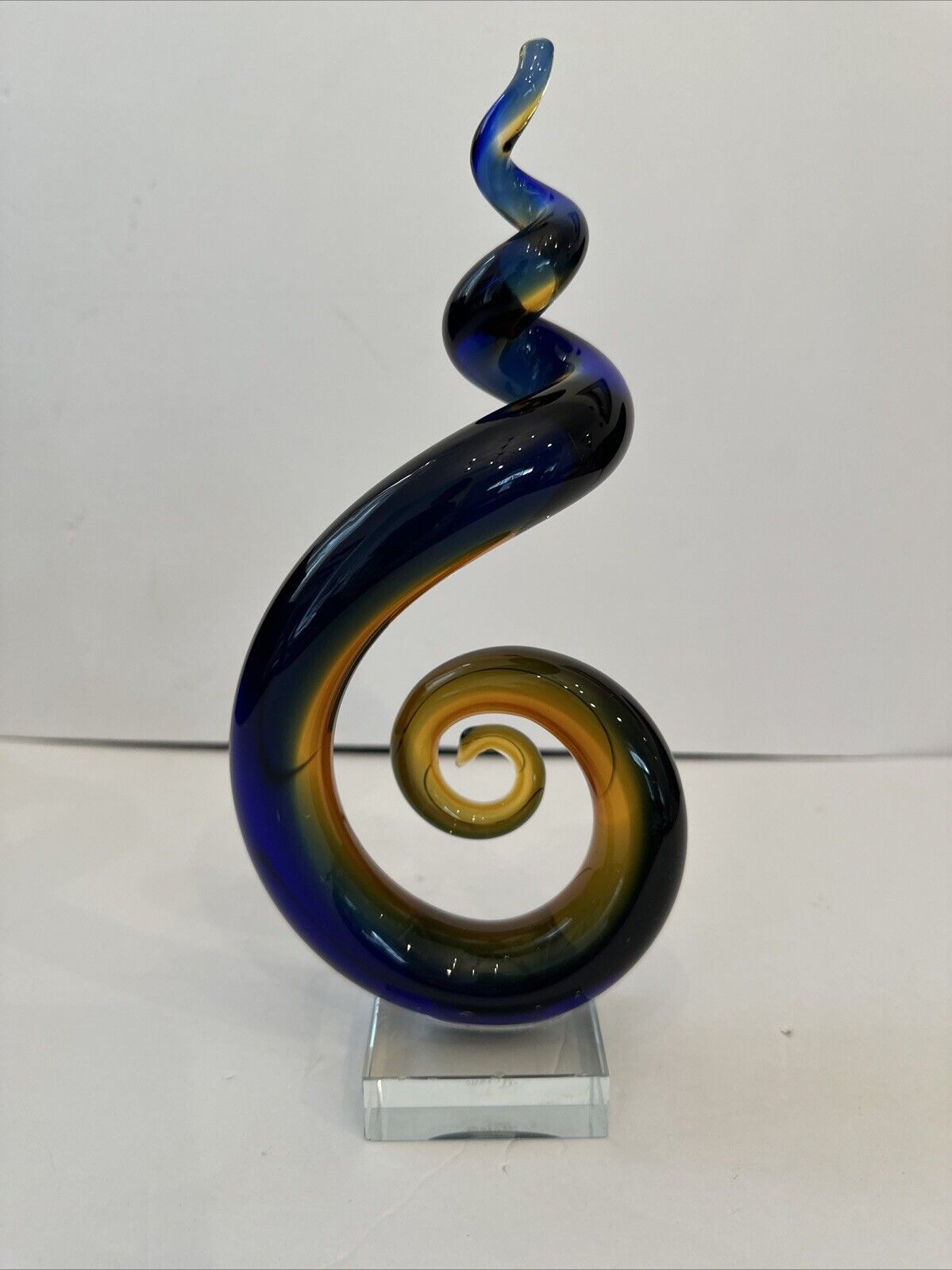 Murano Hand-Blown Art Glass Abstract Swirl Sculpture Cobalt/Amber 10” Tall