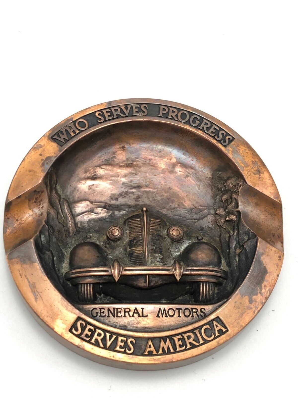 1930 GENERAL MOTORS TERNSTEDT-Who Serves Progress Serves America Brass Ashtray