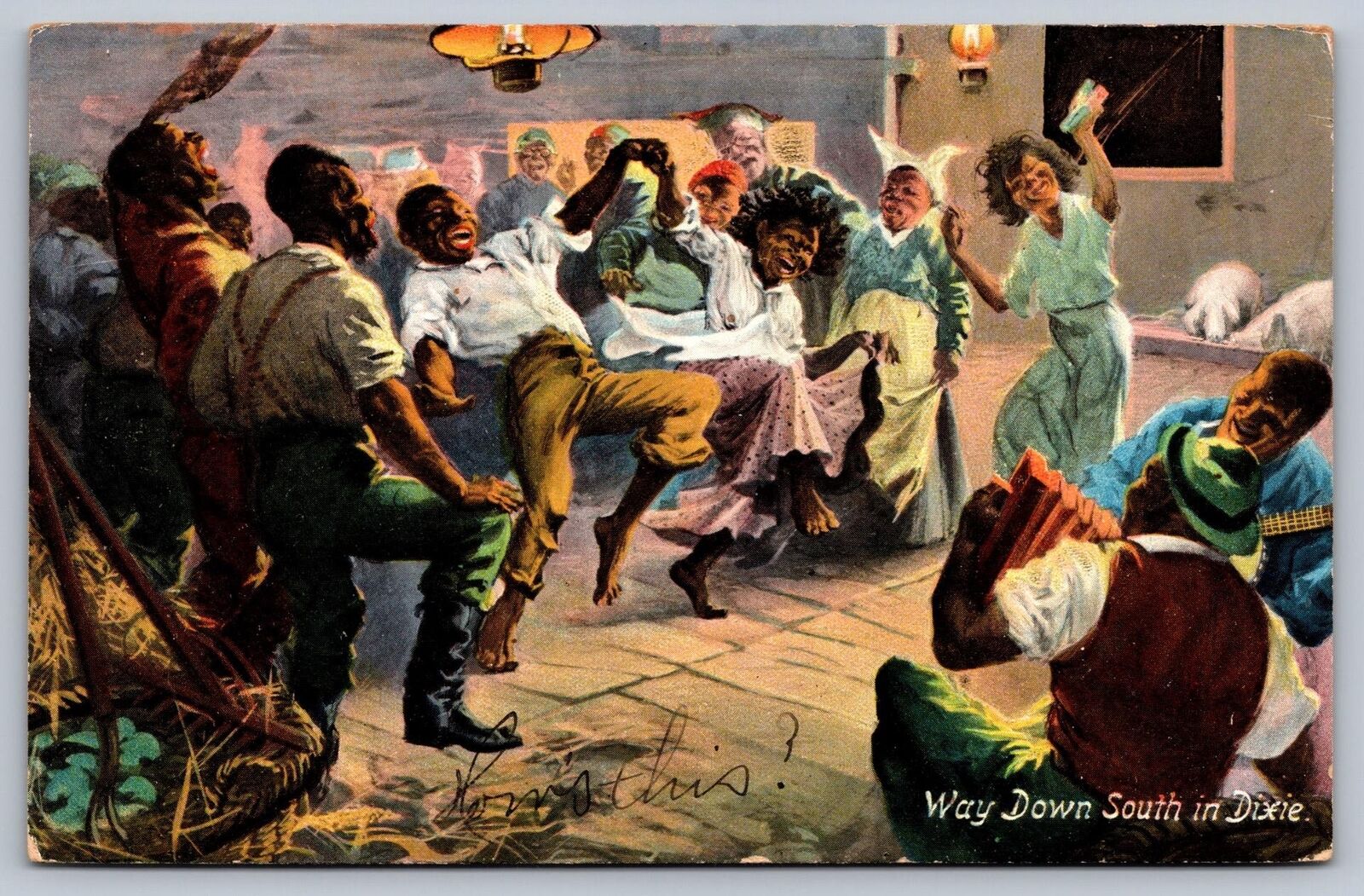 1908 art postcard WAY DOWN SOUTH IN DIXIE people dancing banjo, accordian