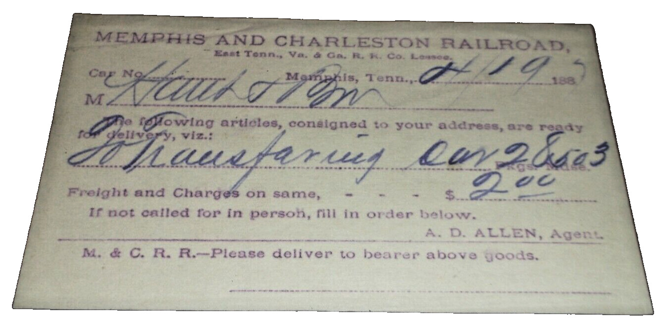 APRIL 1897 MEMPHIS & CHARLESTON ETV&G FREIGHT DELIVERY POSTCARD SOUTHERN RAILWAY