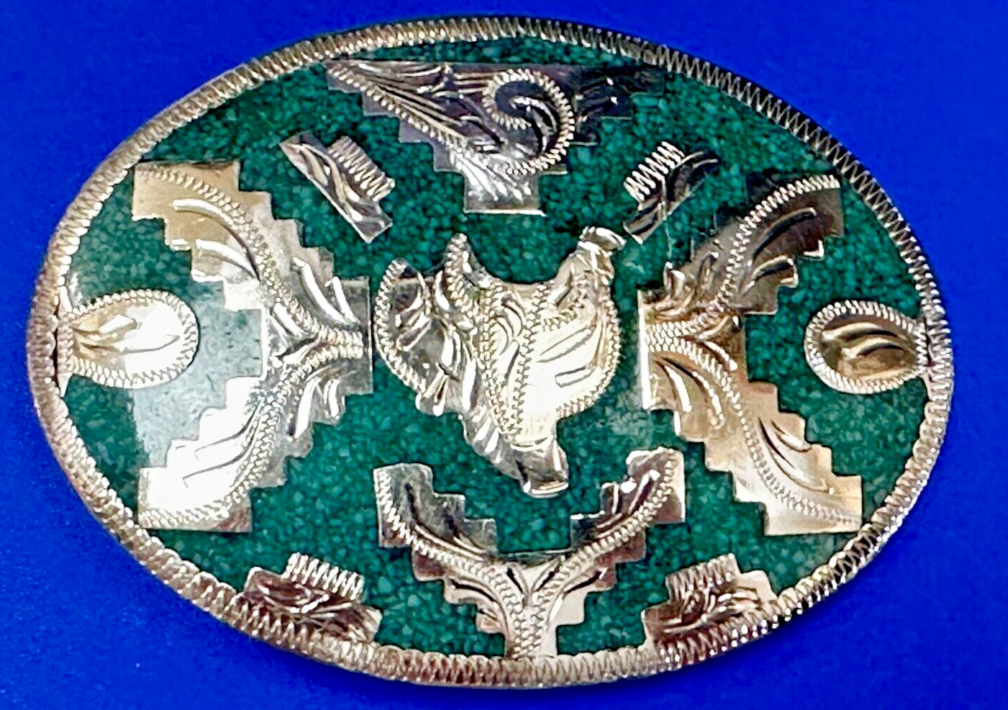 Beautiful Horse Saddle Alpaca Inlaid Southwestern Belt Buckle see magnified view