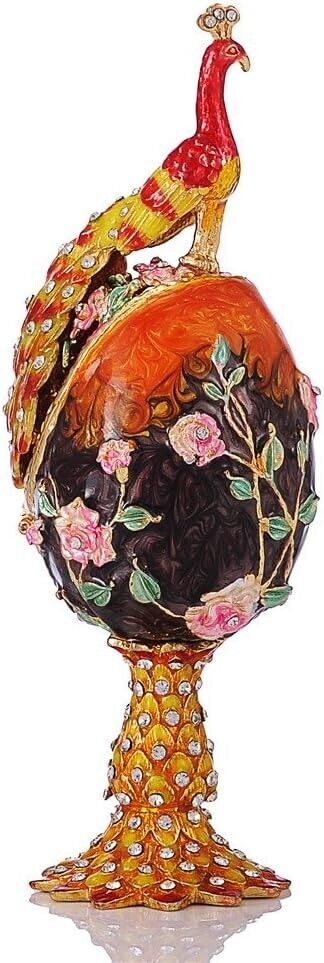 Vintage Orange Peacock Faberge Egg Style Trinket Box Hinged Unique Gift Family