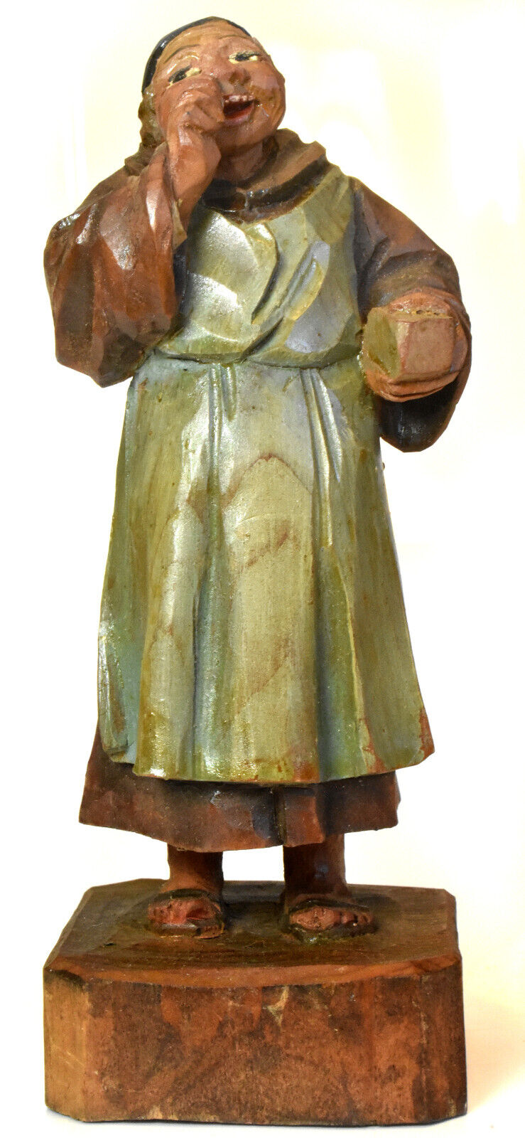 Snuff Using Monk - Small 19th C. Antique German Figure - Hand Carved, Painted