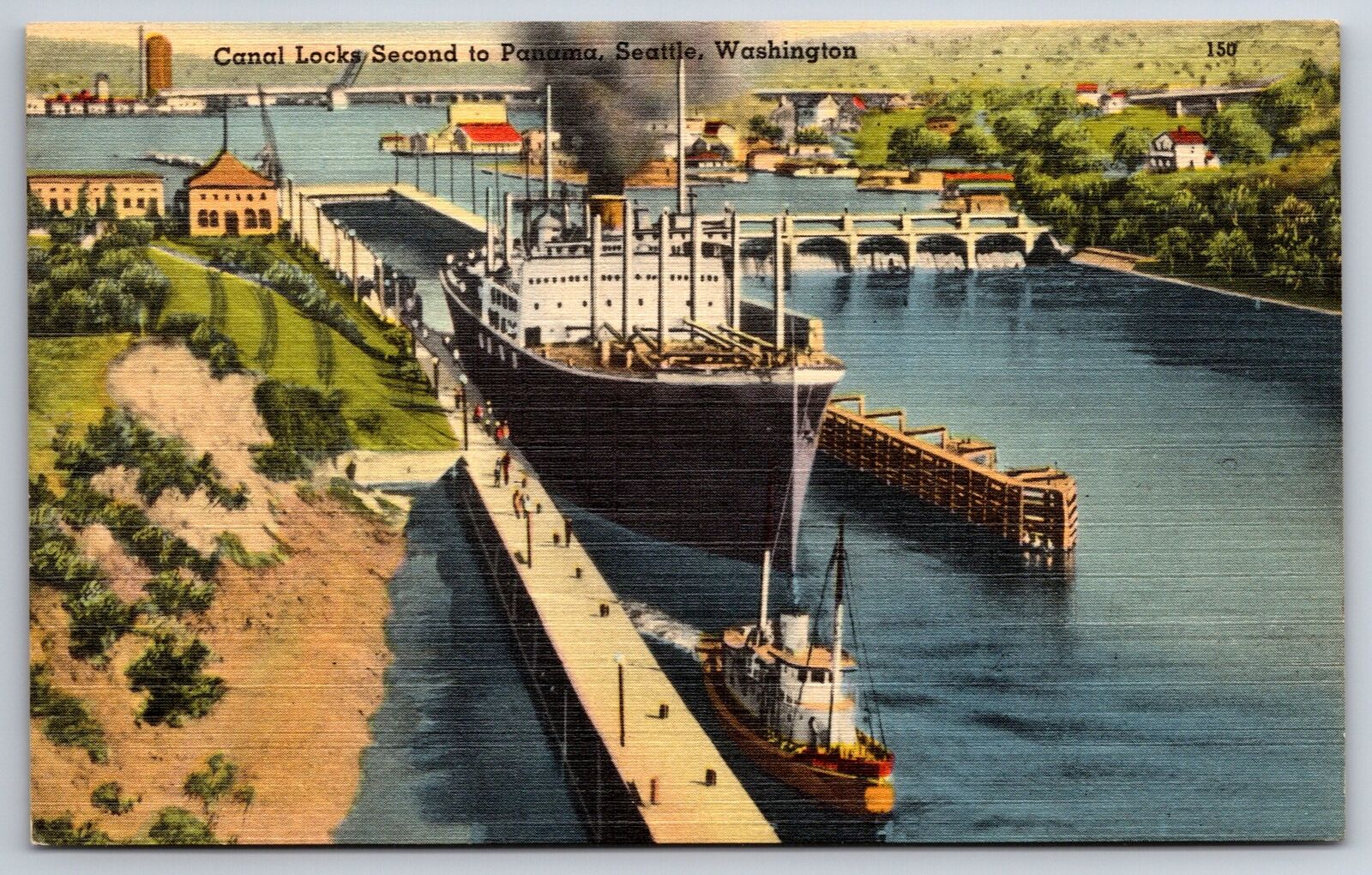 Seattle Washington~Ship In Canal Locks Second To Panama~Vintage Linen Postcard