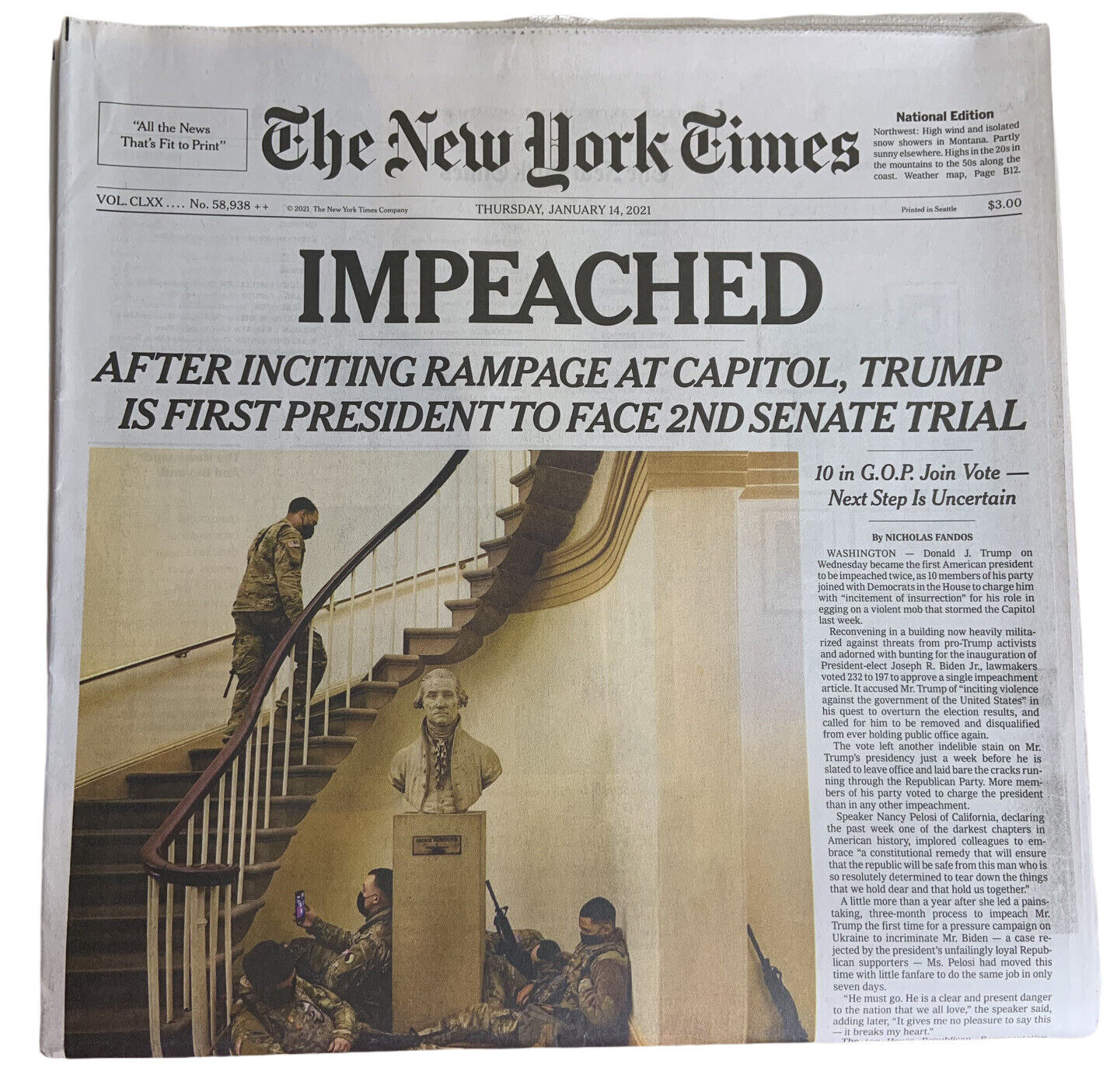 New York Times Newspaper Thu January 14 2021 DONALD TRUMP IMPEACHED 2nd Time NEW