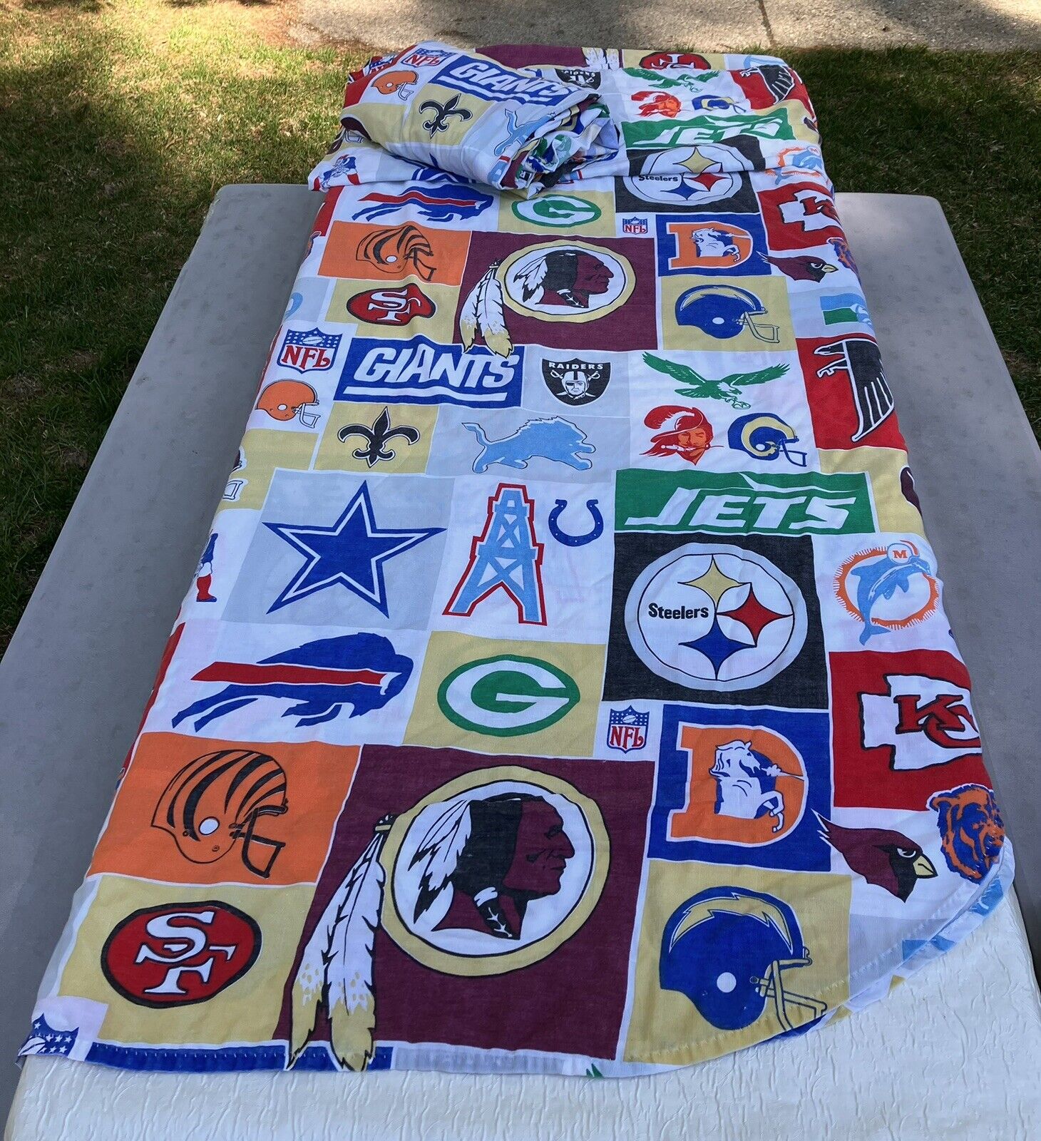 Vtg NFL All Teams Logo Twin FLAT Bed Sheet JC Penny LOT of 2 Multi Color Block
