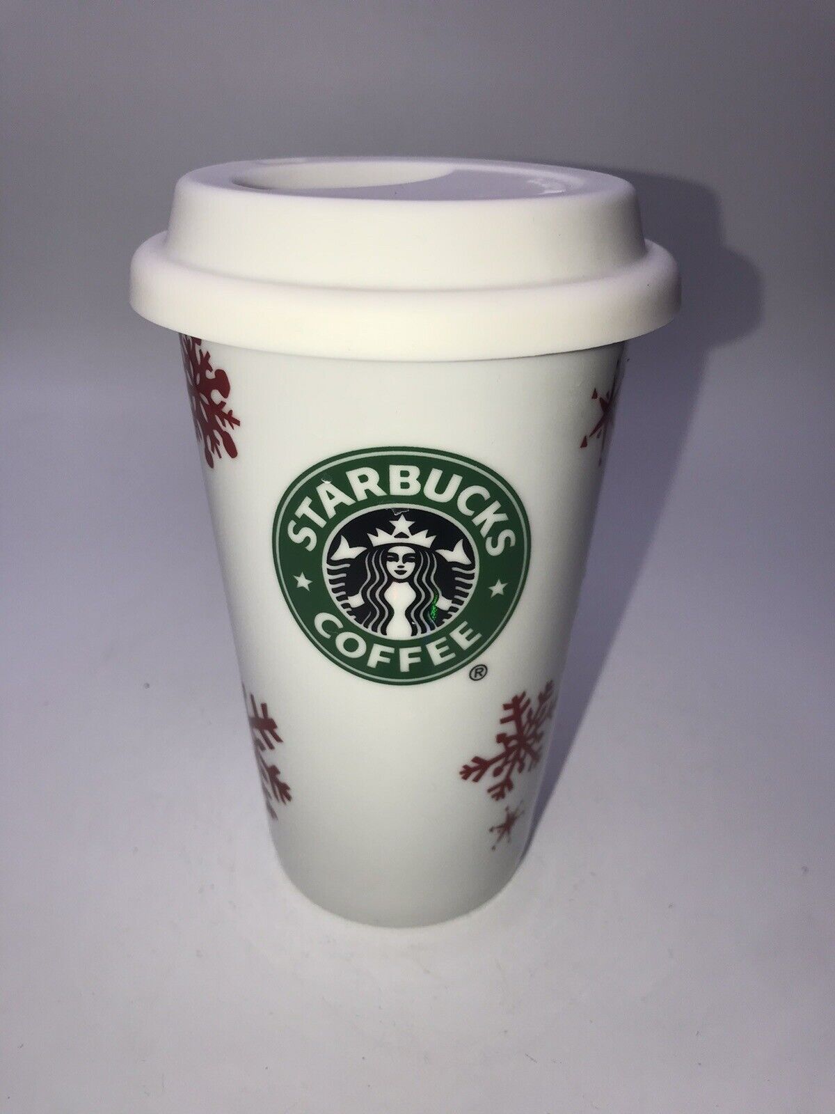 2010 Starbucks Coffee Travel Mug Ceramic Christmas Red Snowflakes with Lid