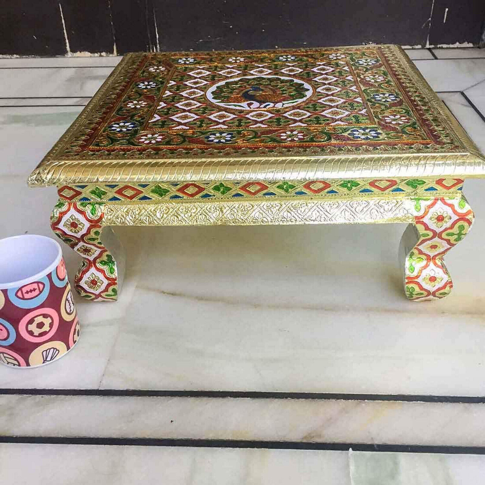 Wooden Handicraft Minakari Chowki for Puja and Home DecorMulticolour 16 Inch