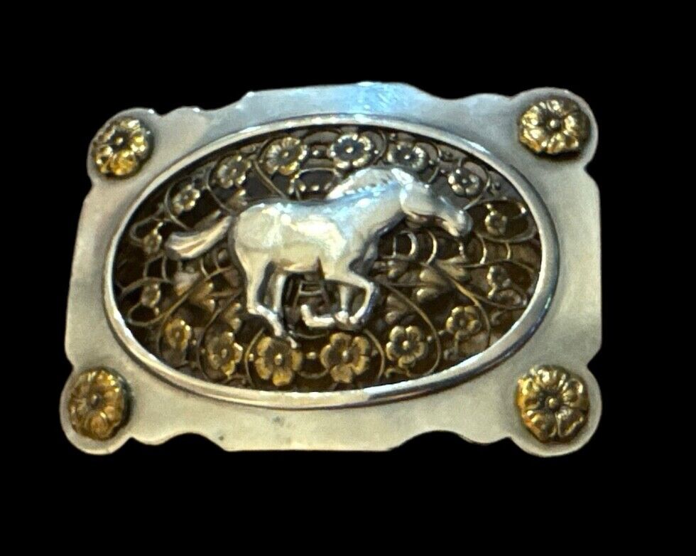 Vintage Western Cowboy Cowgirl Wild Mustang Horse Belt Buckle Nickle Silver