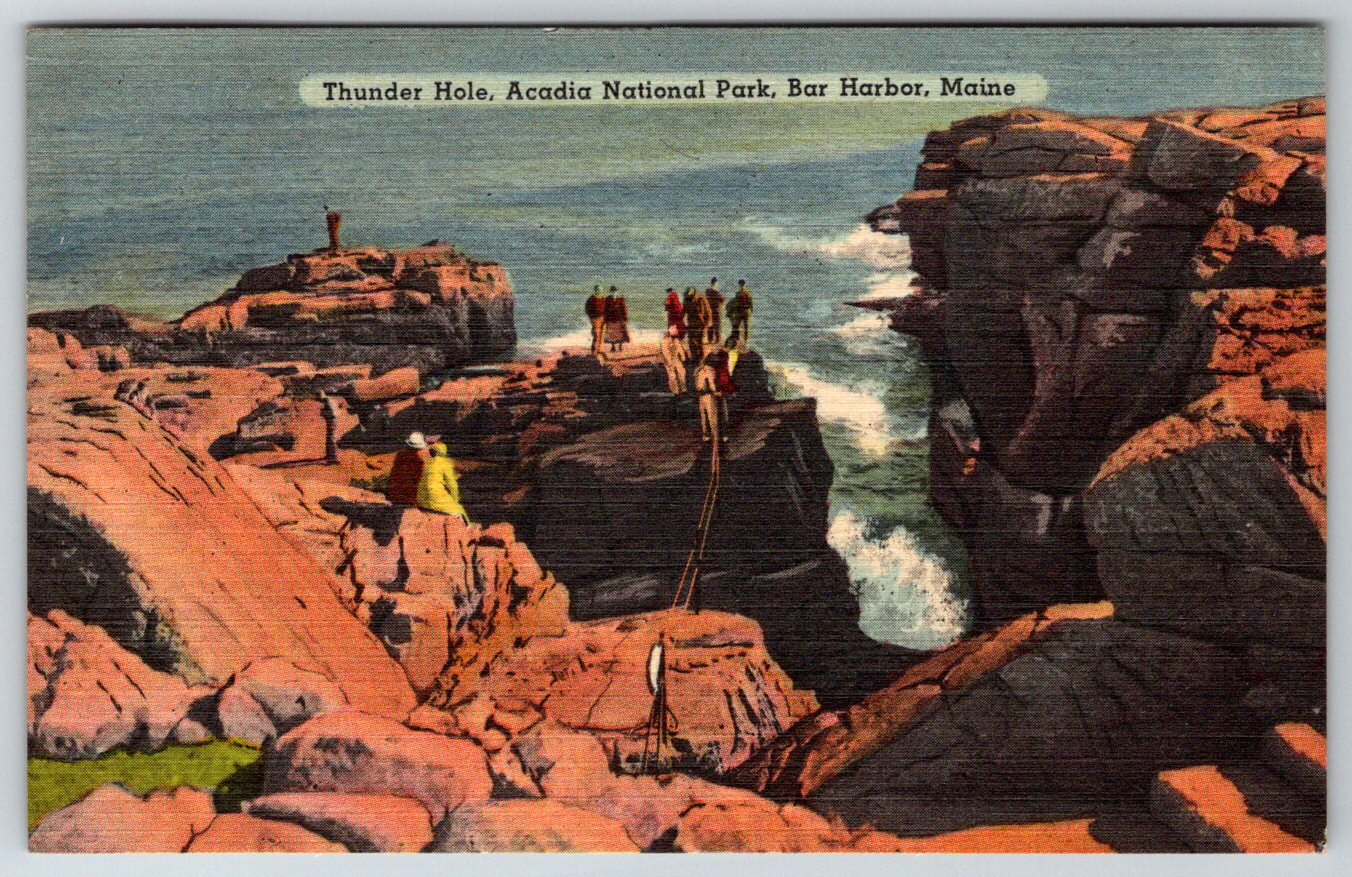 c1940s Linen Thunder Hole Acadia Park Bar Harbor Maine Vintage Postcard