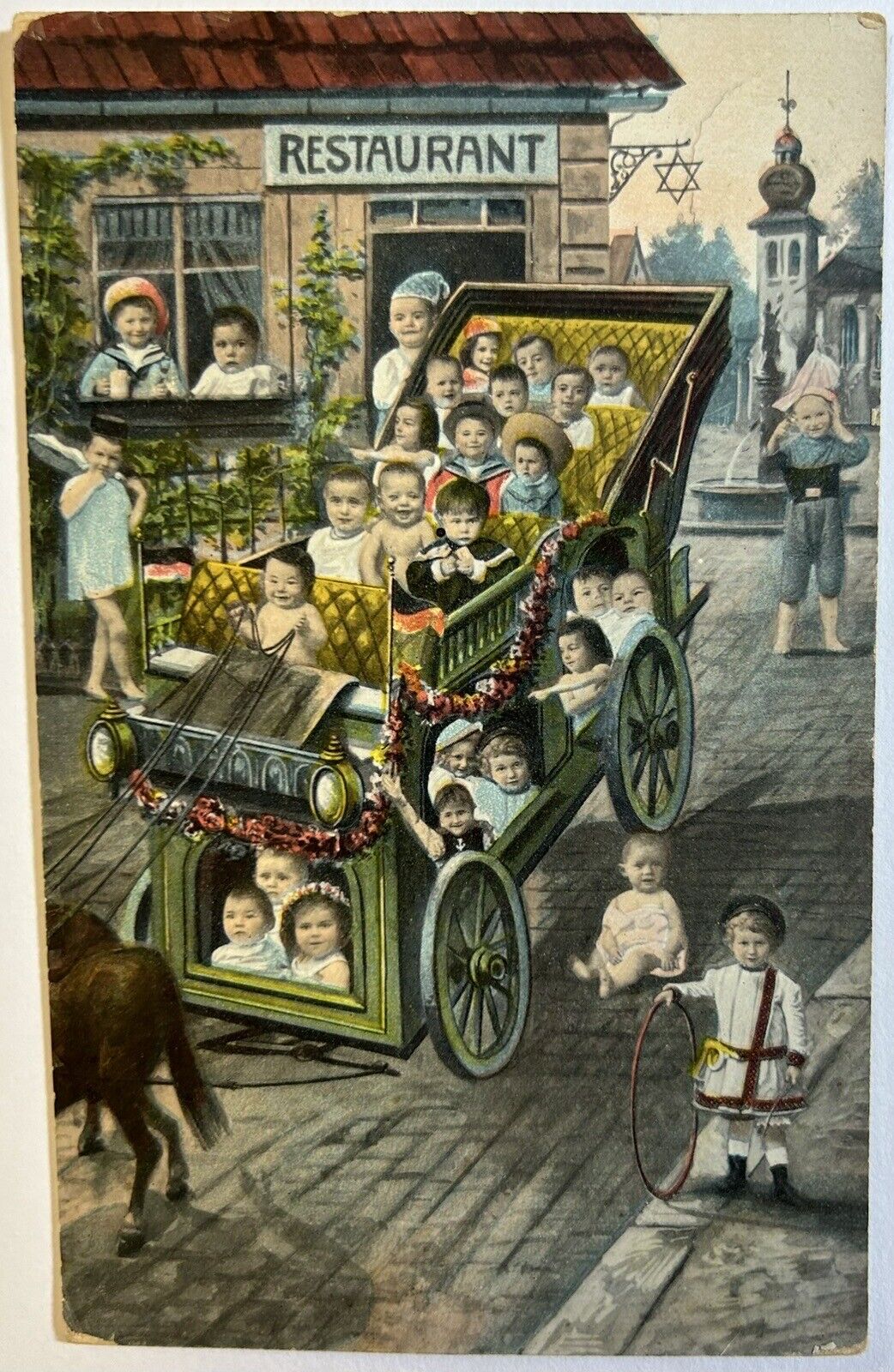 KVIB 1913 Postcard, Antique Card Babies in Carriage, Restaurant, Street Scene