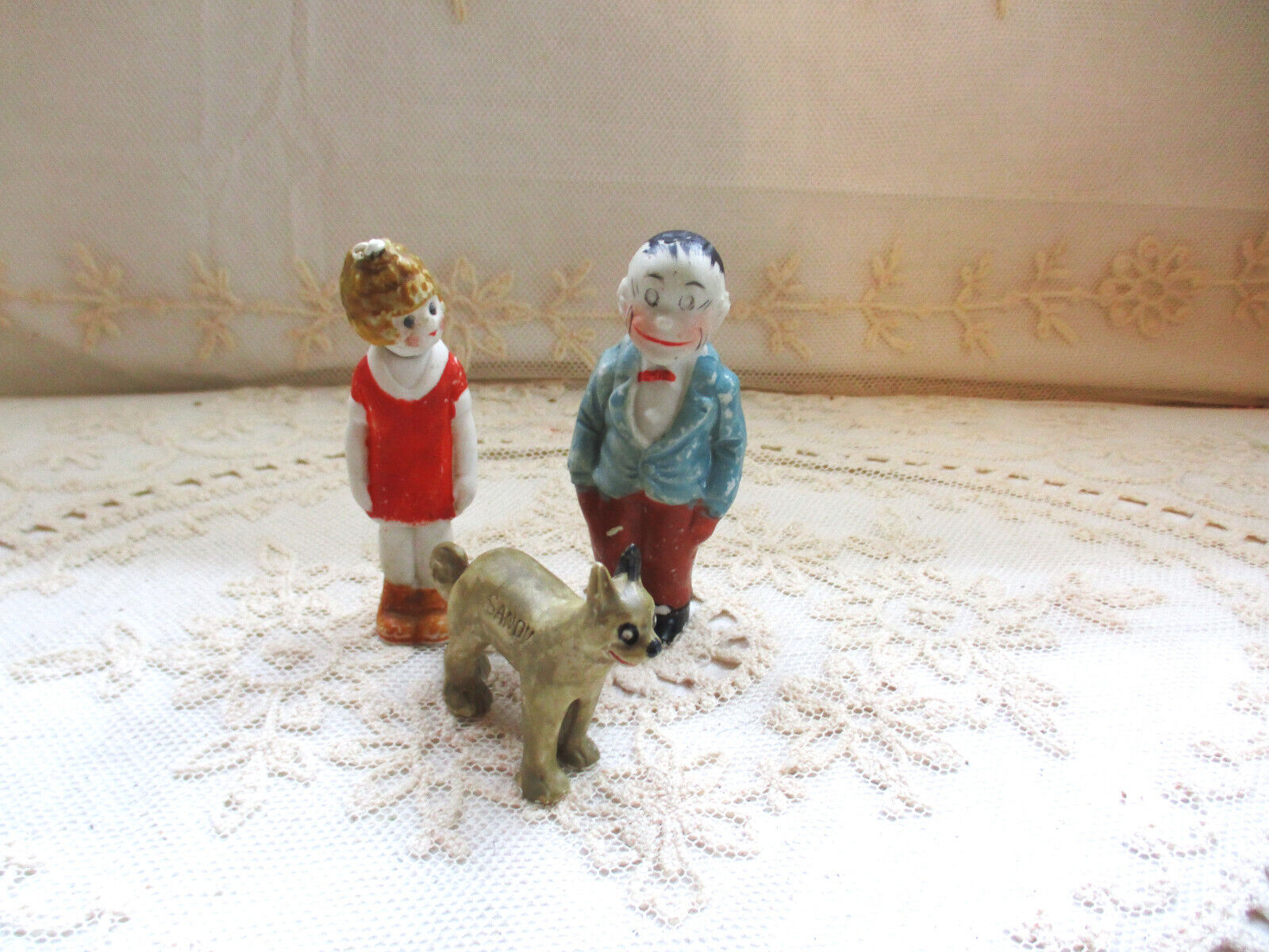 Vintage LITTLE ORPHAN ANNIE, FATHER & SANDY~ One is Bisque Head Nodder Figurine
