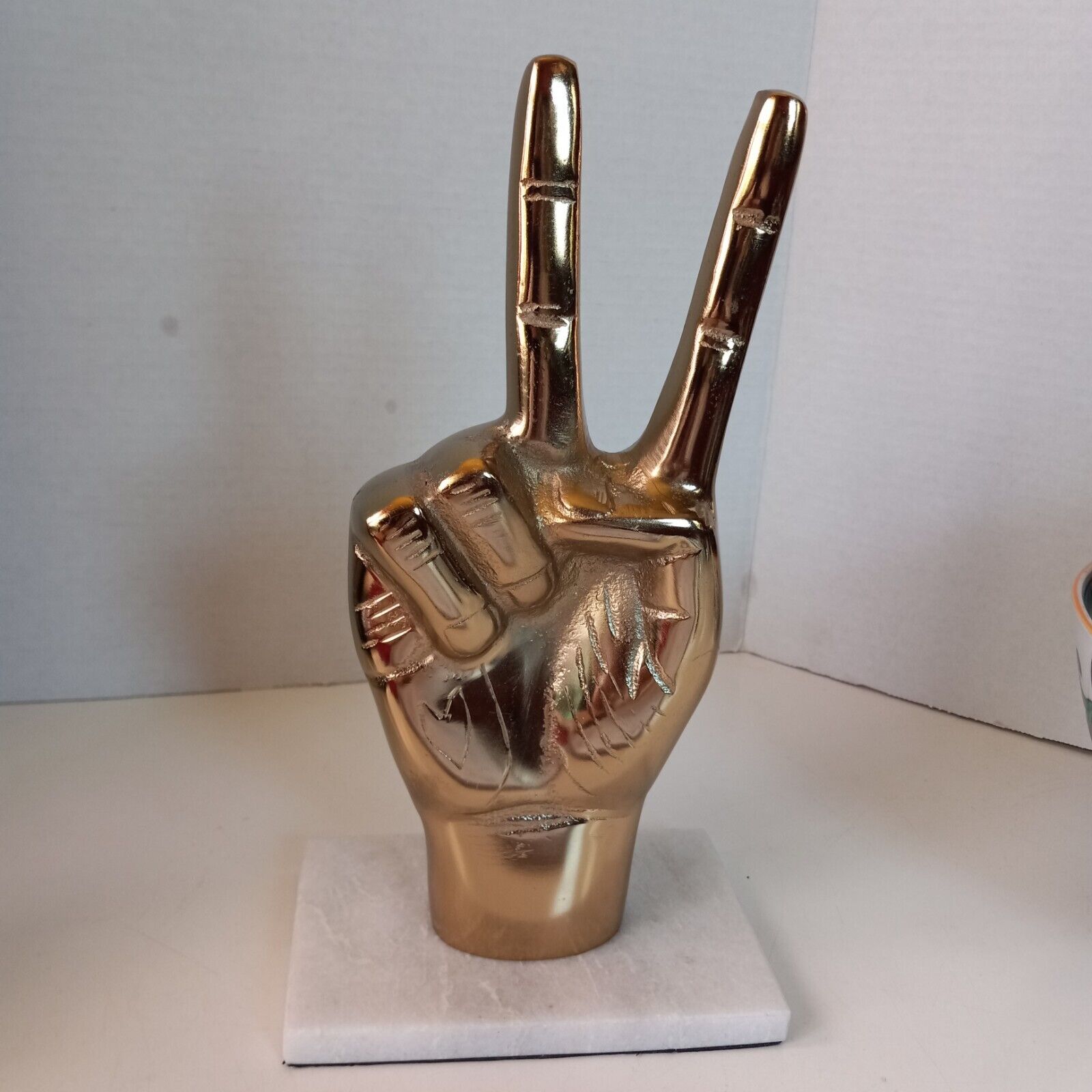 Peace Sign Brass With Marble Base Sculpture