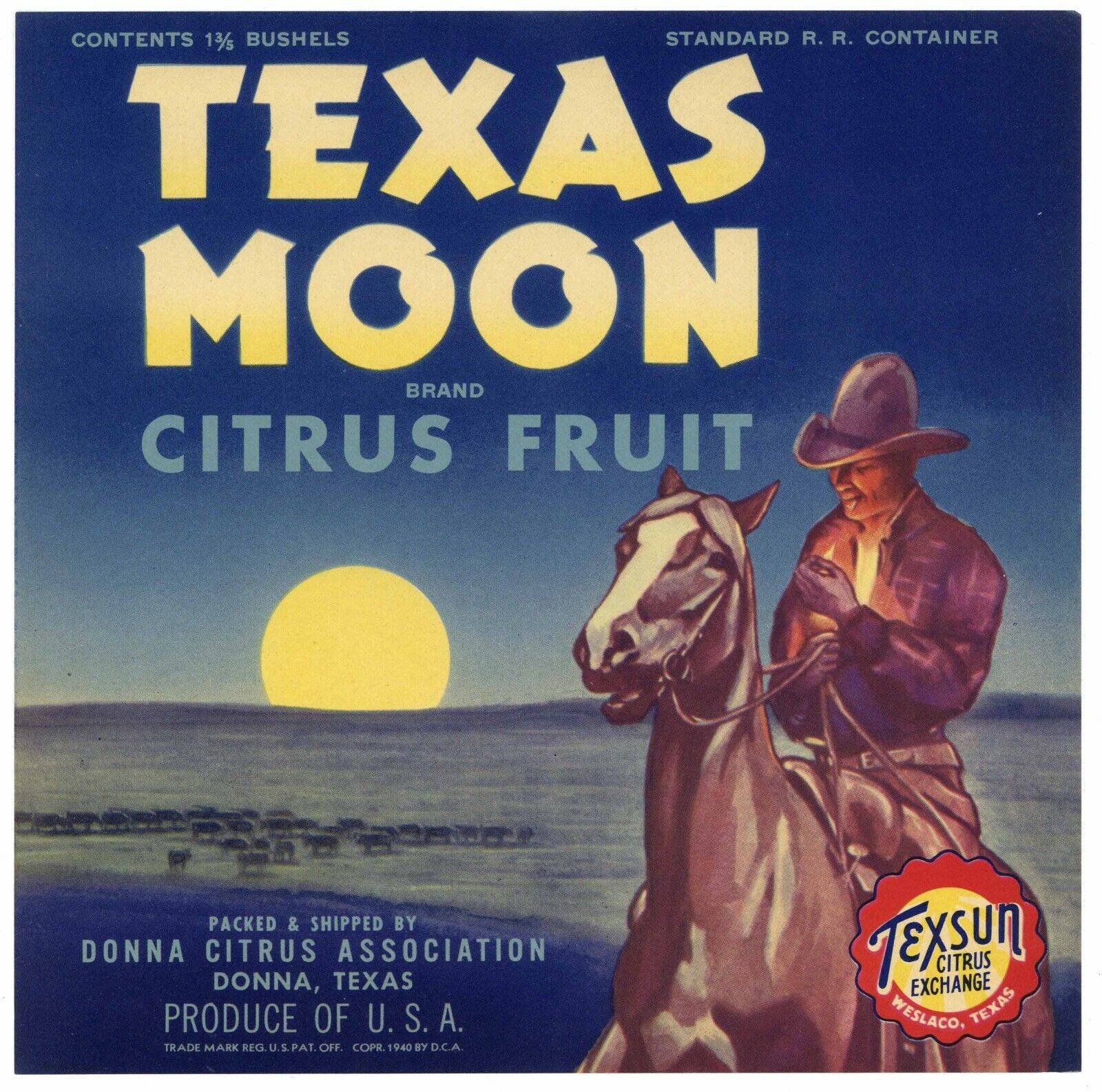 TEXAS MOON Vintage Donna Citrus Label Cowboy, Western, *AN ORIGINAL LABEL*