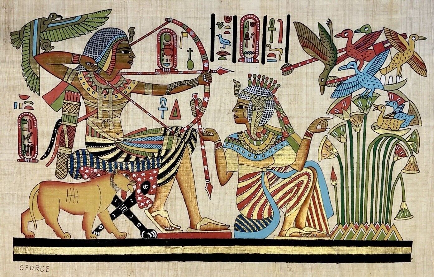Authentic Hand Painted Ancient Egyptian Papyrus -King Tut & Queen Hunting 16x24”