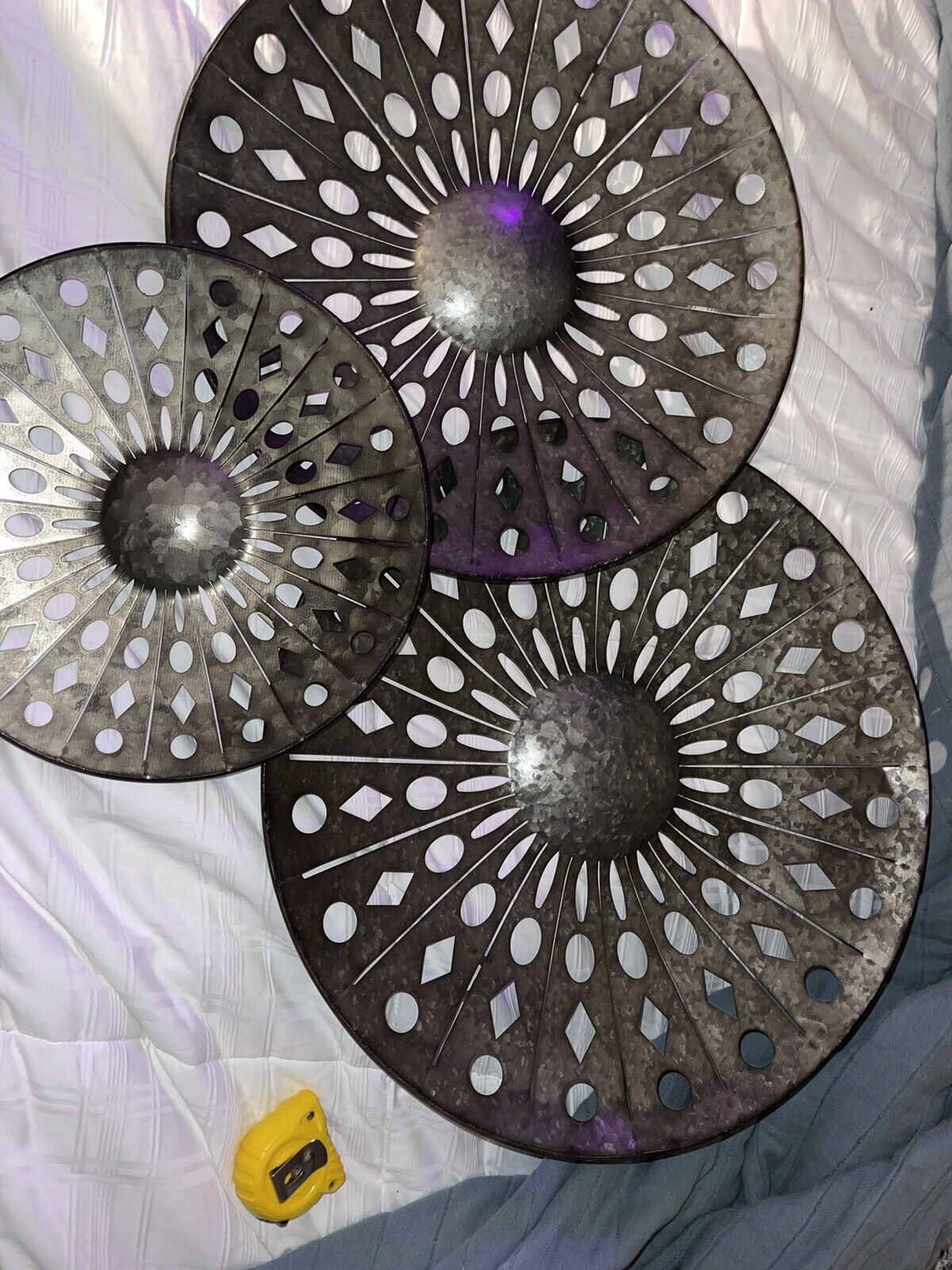 3 Unique Vintage Galvanized, Metal Disc Wall Decor