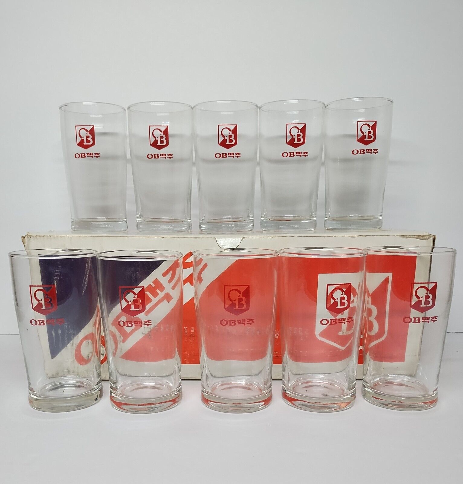 Lot of 10 Rare OB Oriental Brewery Lager Beer Glass With Box South Korea 7oz