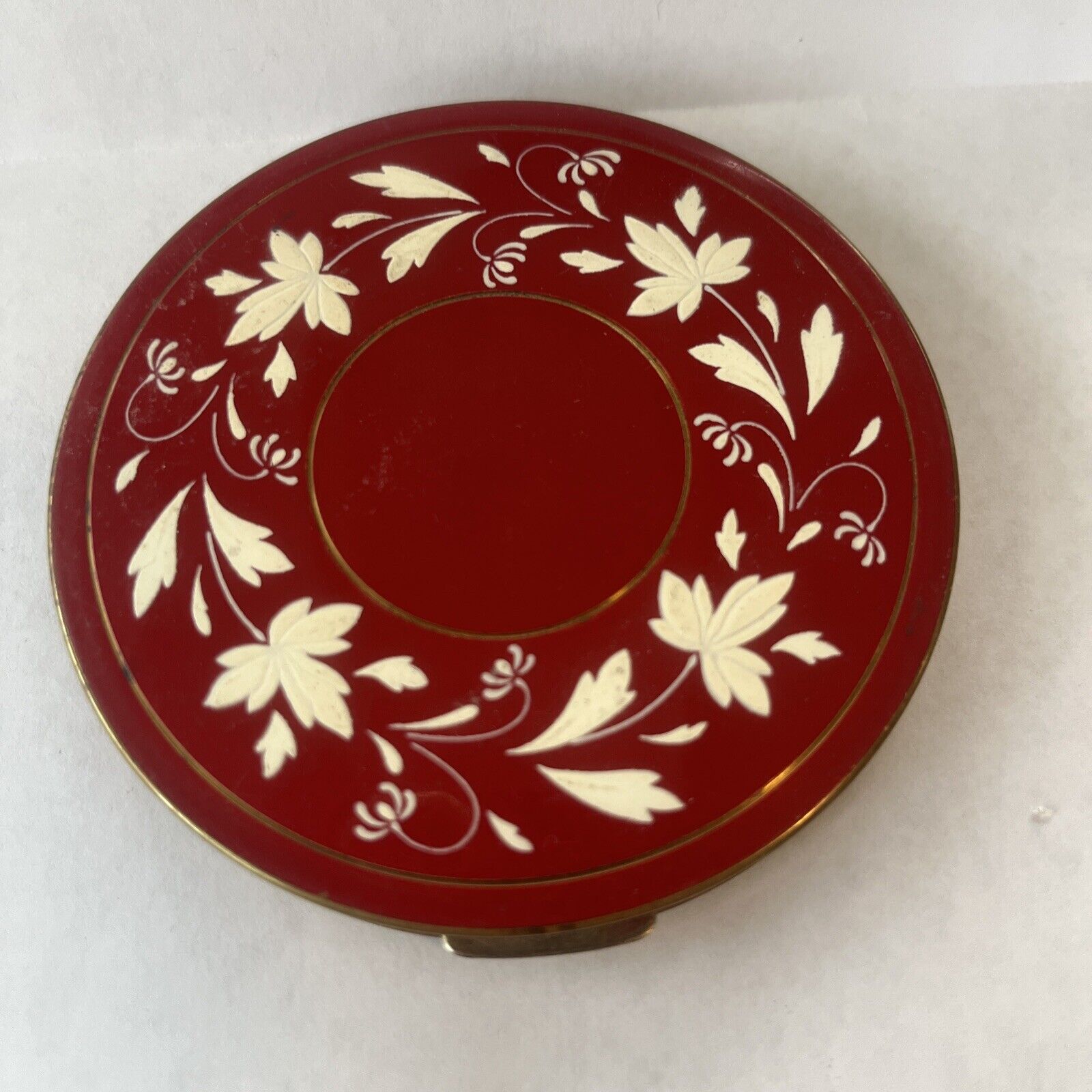 Vintage Powder Compact Round Floral Enameled Mirrored 4” Red