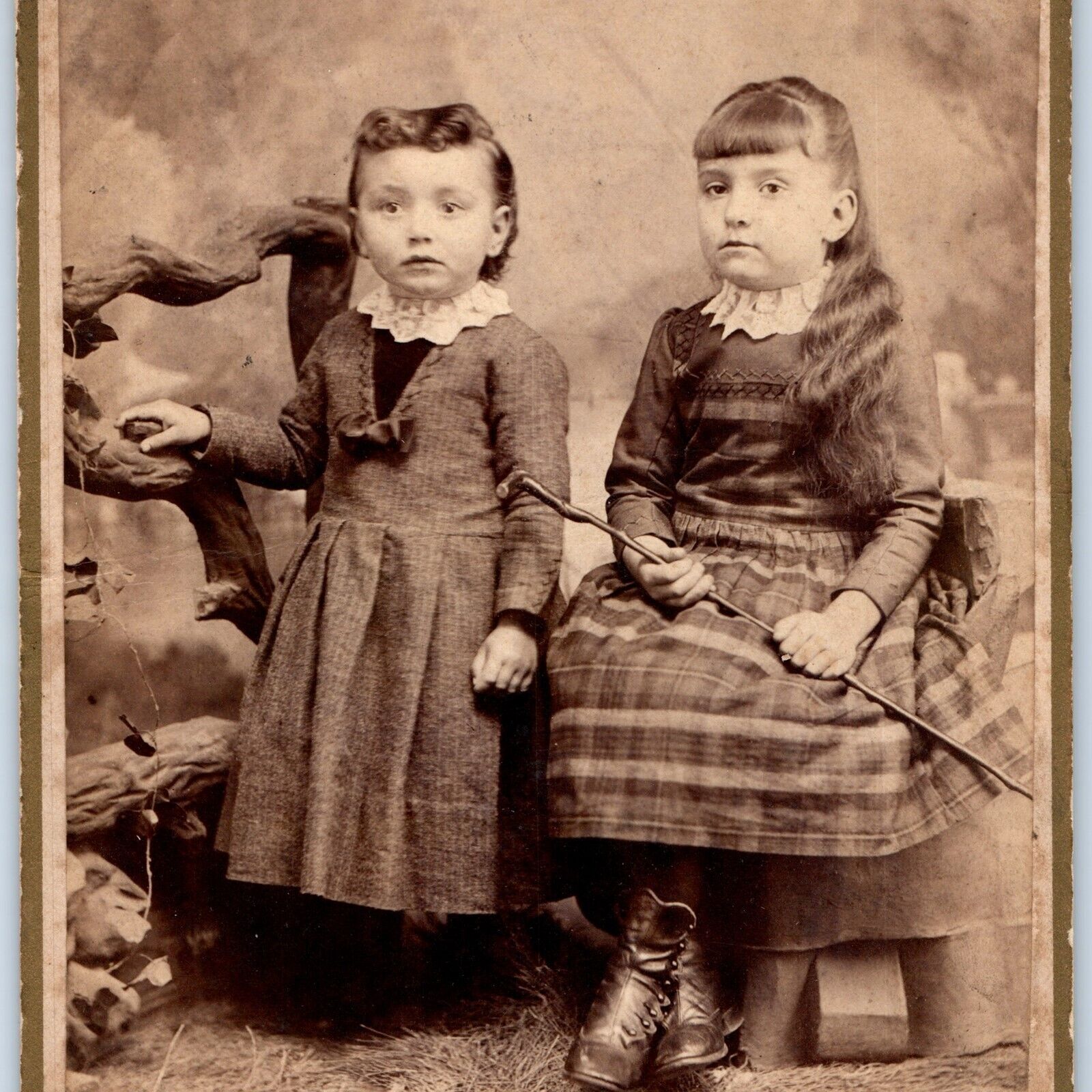 c1880s Two Cute Girls Cane Stick Cabinet Card Photo Leather Button Shoe Rare B18