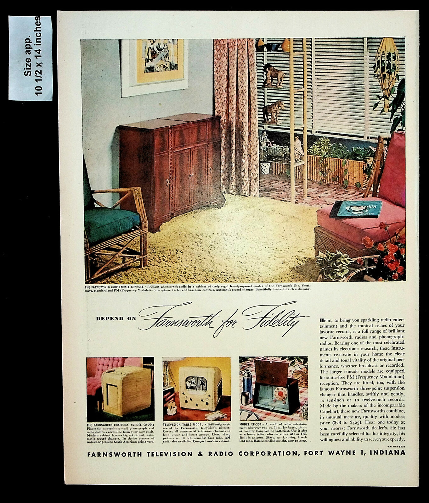 1947 Farnsworth Television Radio System Chairside Vintage Print Ad 30299